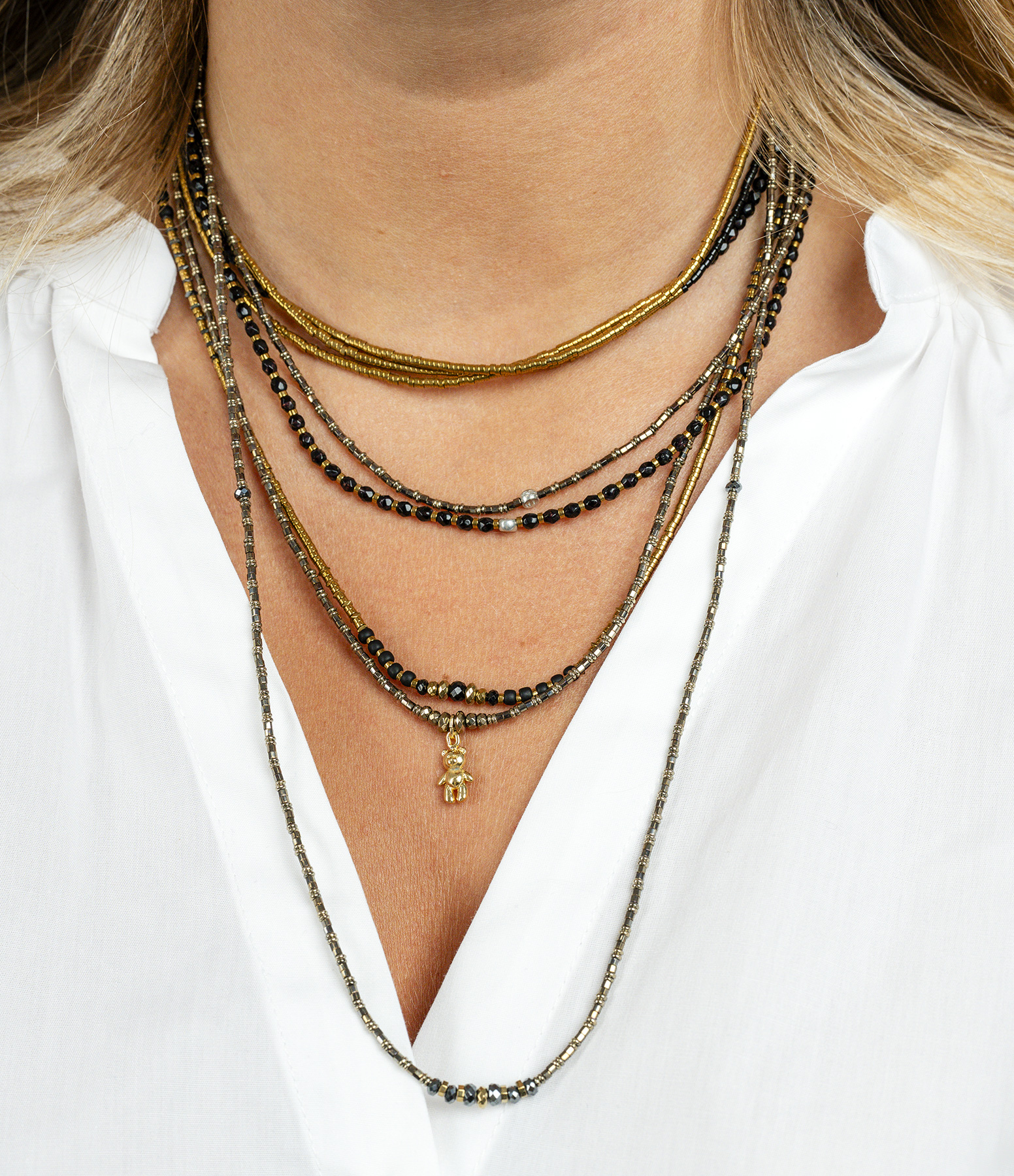 Doudou Dede Gold Metal necklace and triple-wrap bracelet