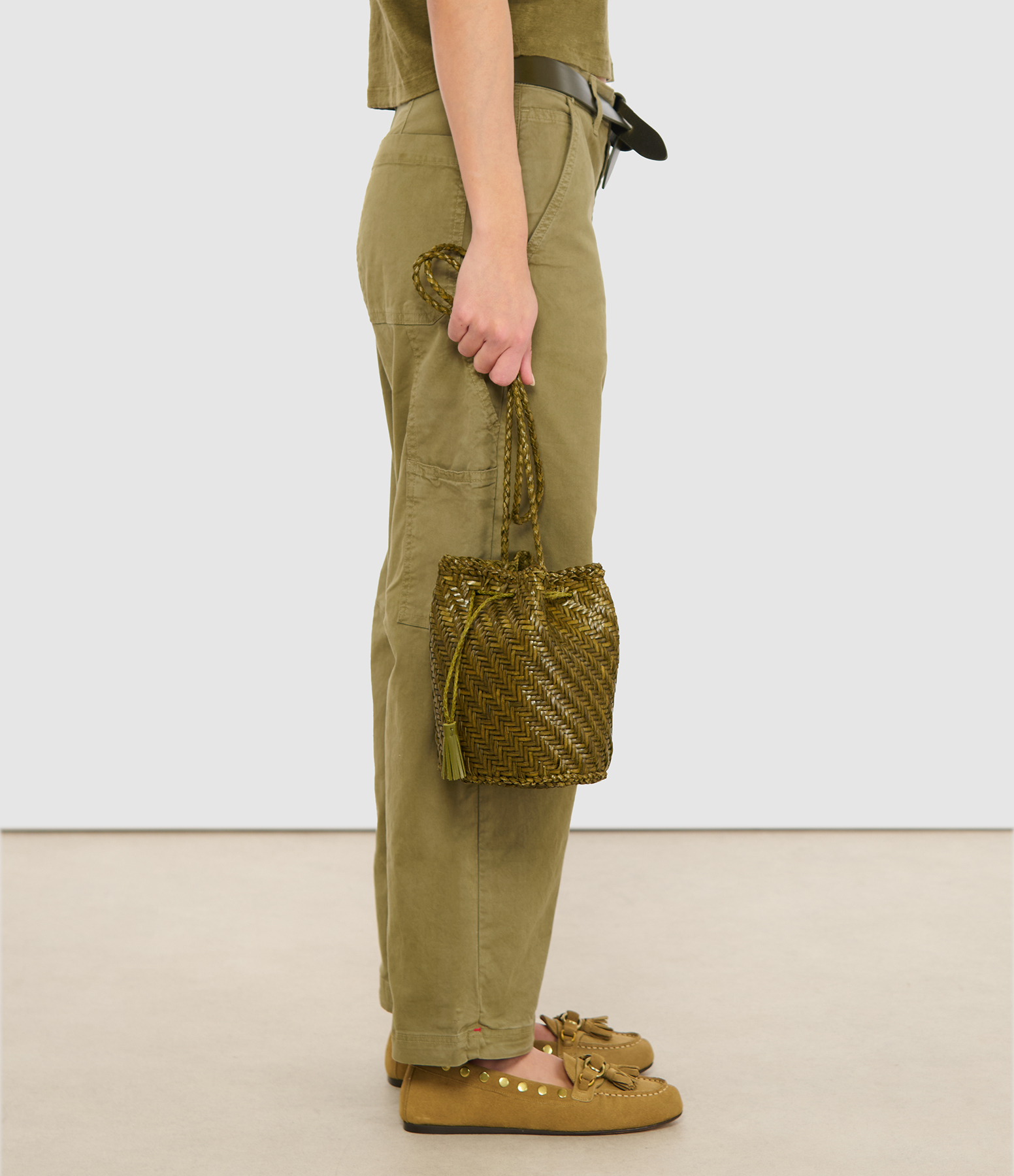Double Jump Leather Bag with Pom-poms in Khaki