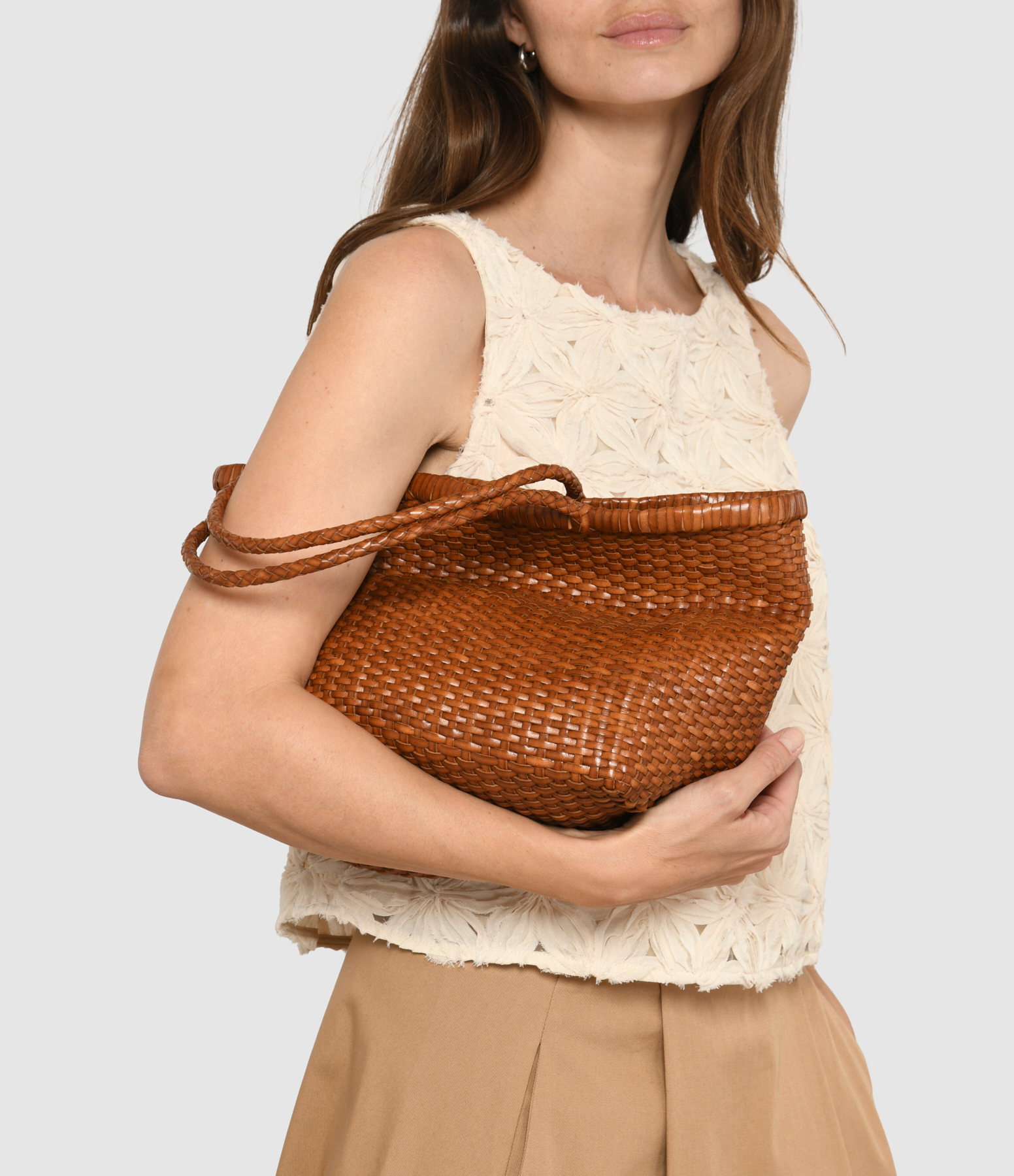 B Weave Basket Small Bag in Tan Leather