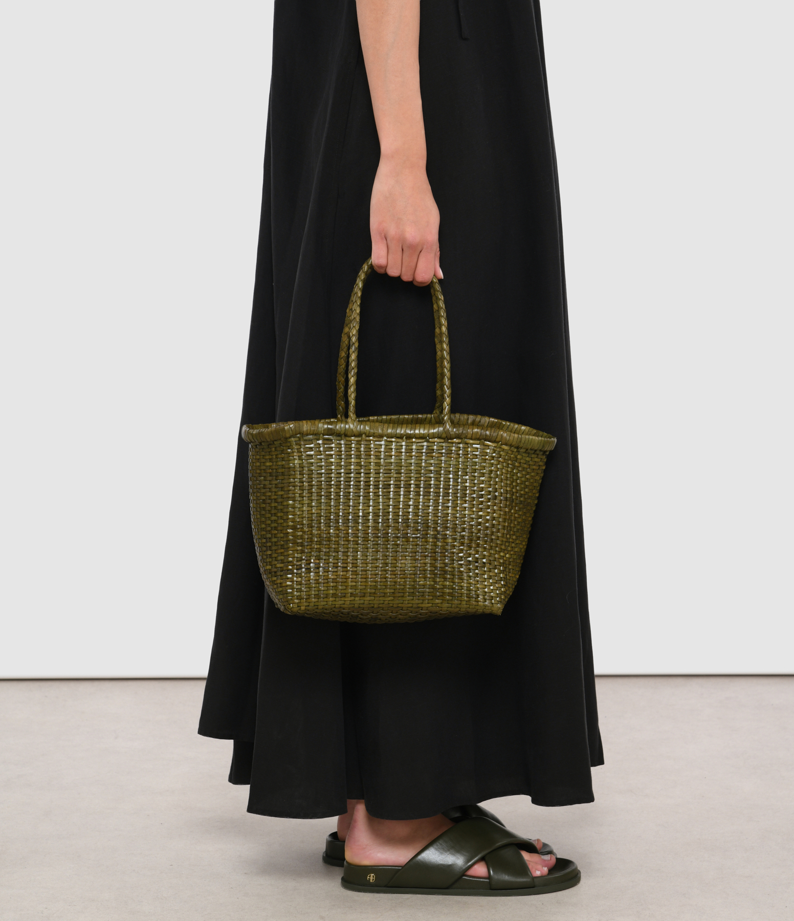 B Weave Basket Small Bag in Khaki Leather