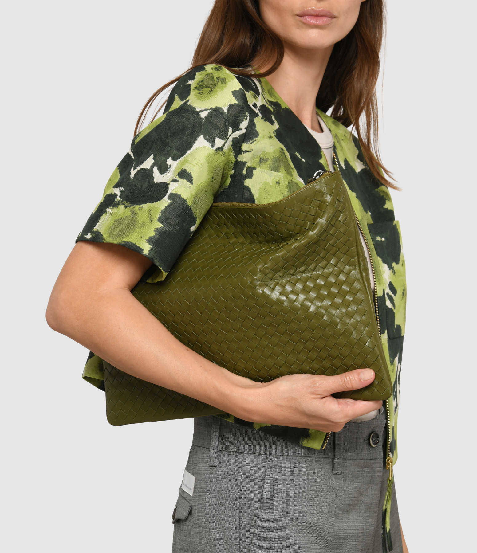 Khaki Leather Clutch Bag, 36 x 27 cm