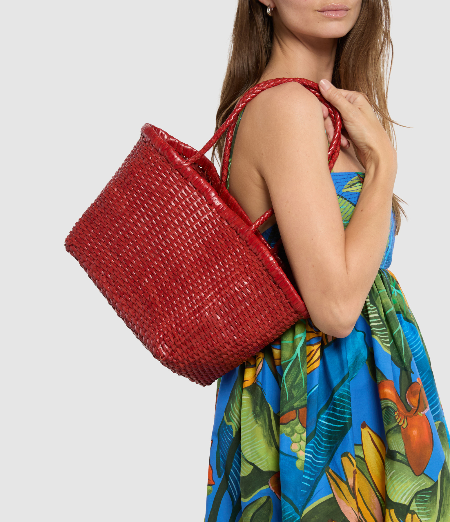 B Weave Basket Small Leather Bag in Poppy Red
