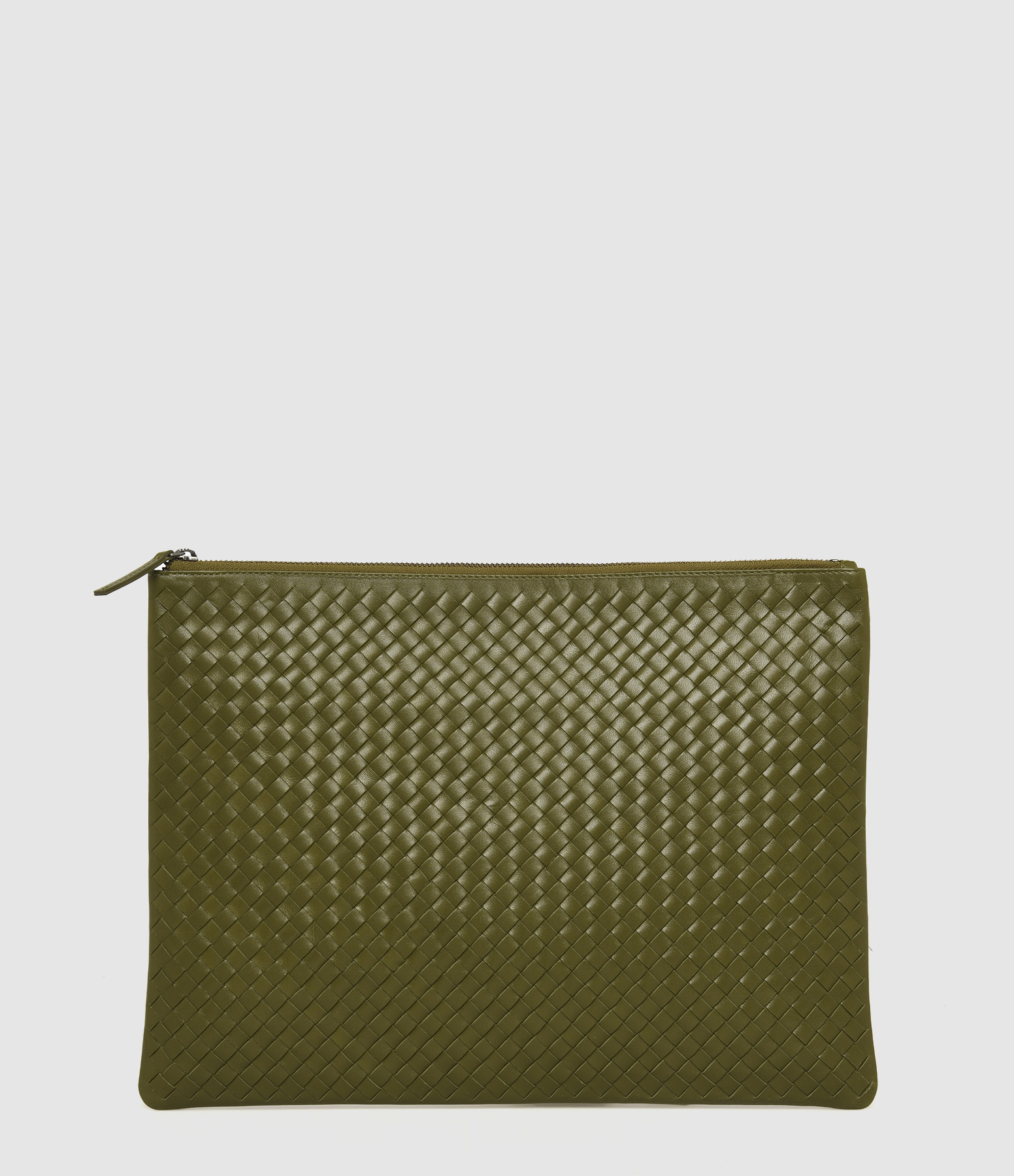 Khaki Leather Clutch Bag, 36 x 27 cm
