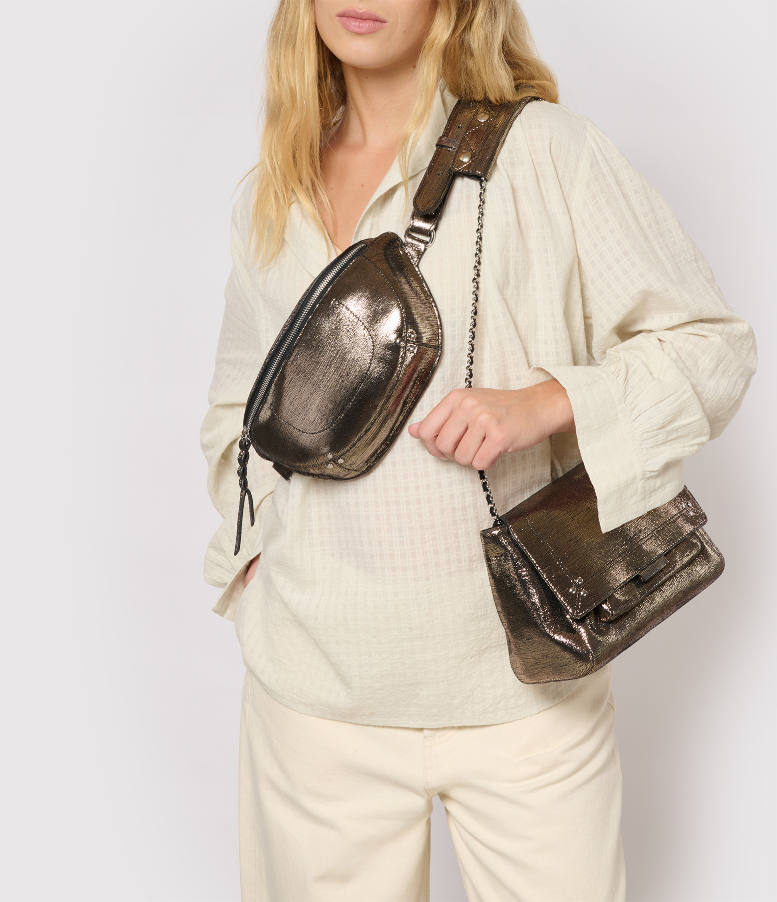 Champagne-Coloured Lino Lamé Leather Bumbag