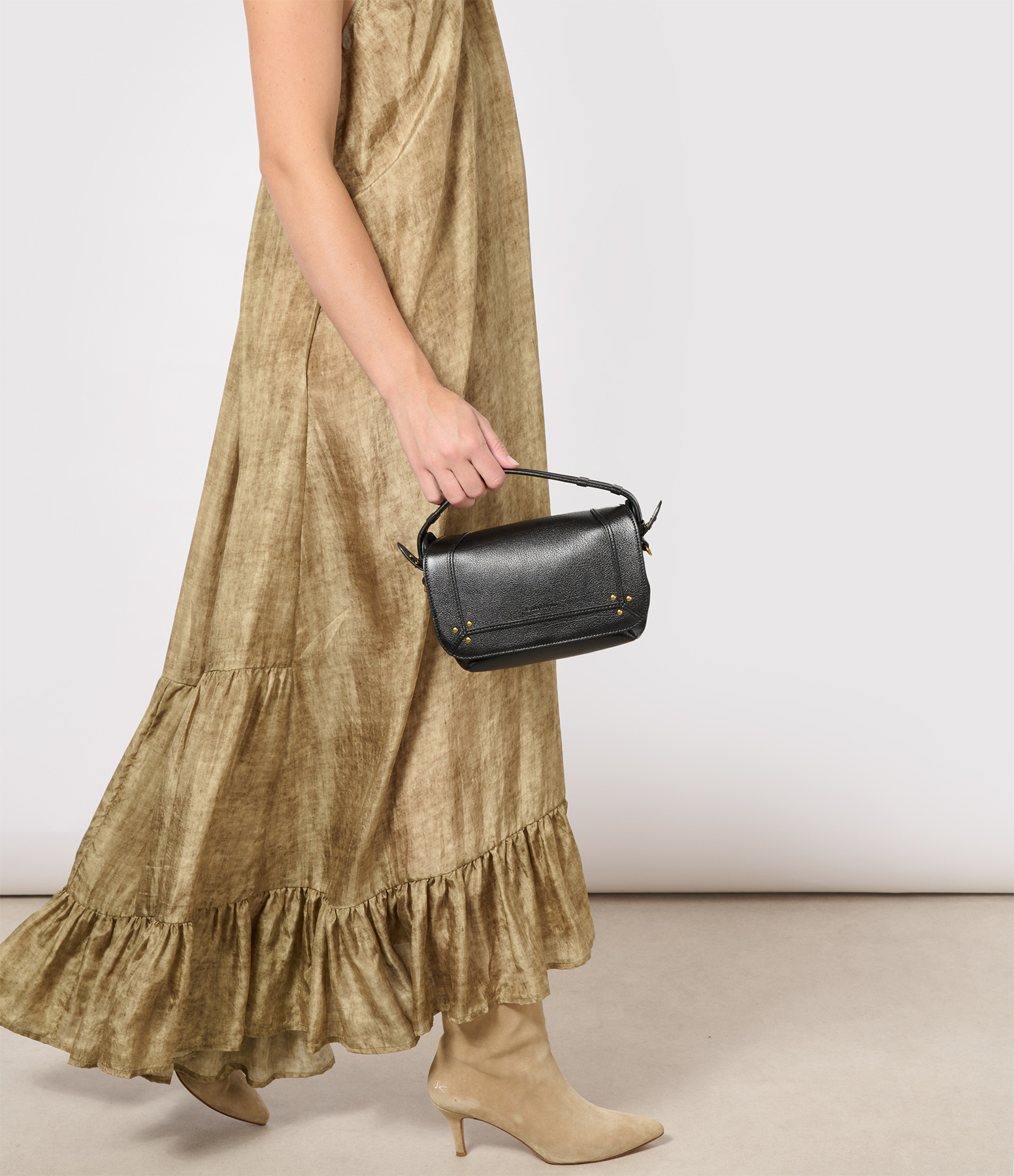 Pepito S Bag in Black Grained Leather with Brass Accents