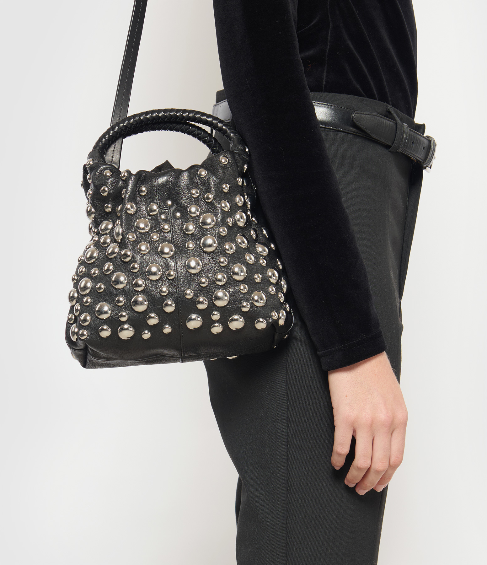 Gordi S Bag – Black Grained Leather with Silver Rivets, Capsule Collection
