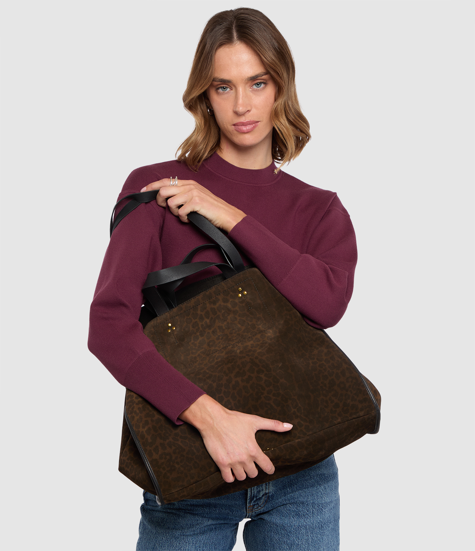 Léon L Tote Bag in Suede Leather with Leopard Print, Khaki