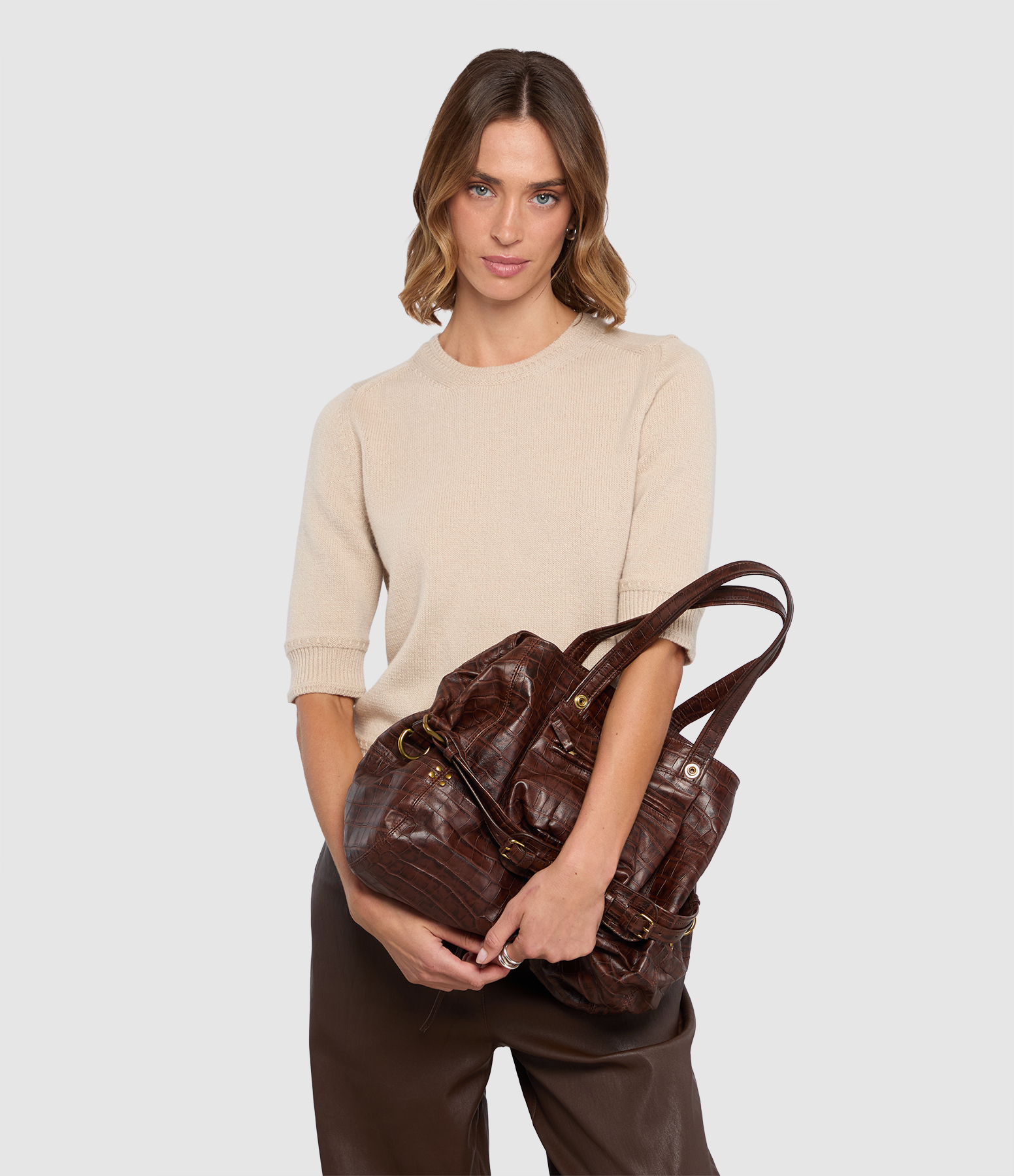 Billy M Bag with Crocodile Print in Cigar Colour