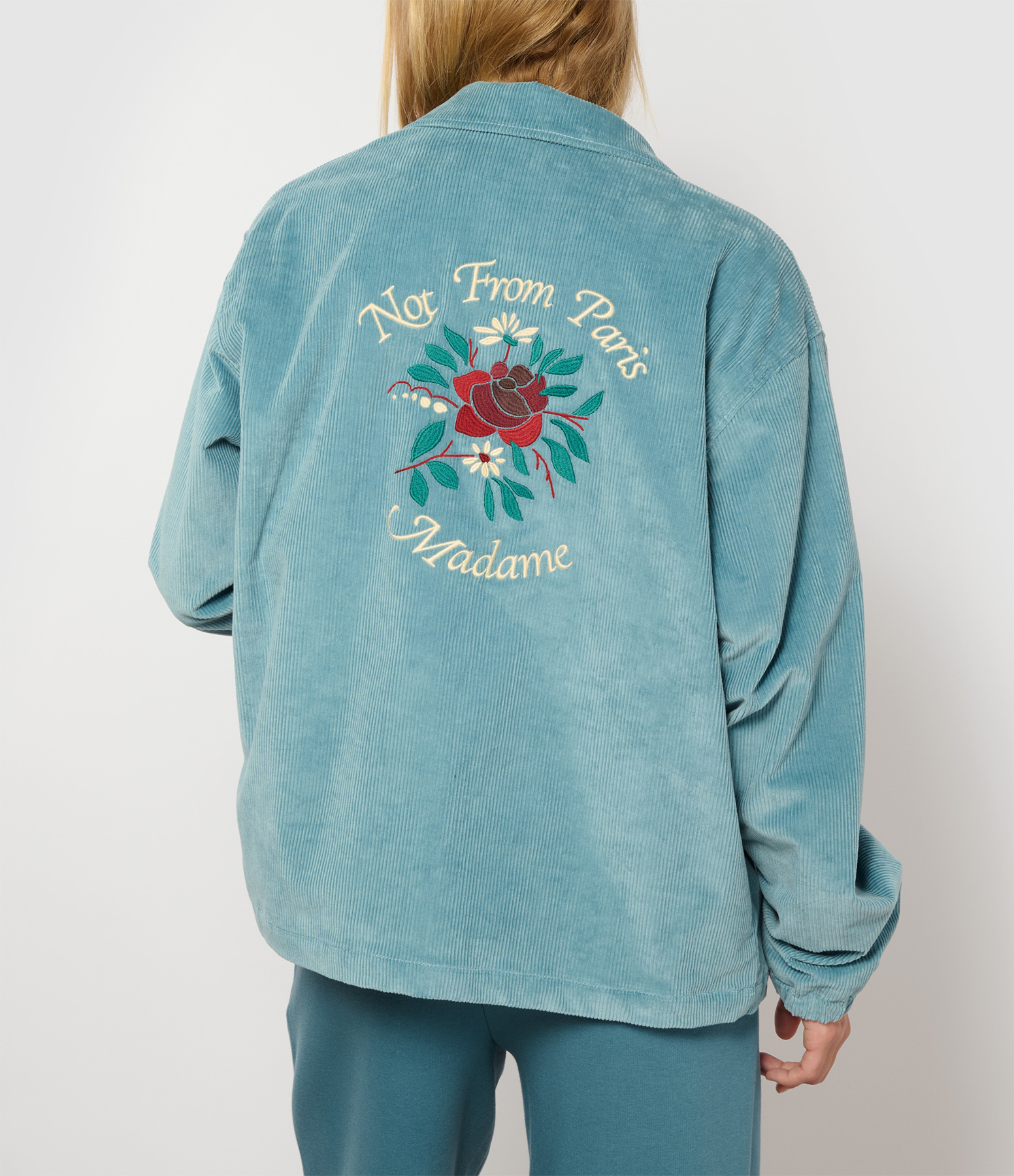 Unisex Slogan Flowers Corduroy Jacket – Blue Grey