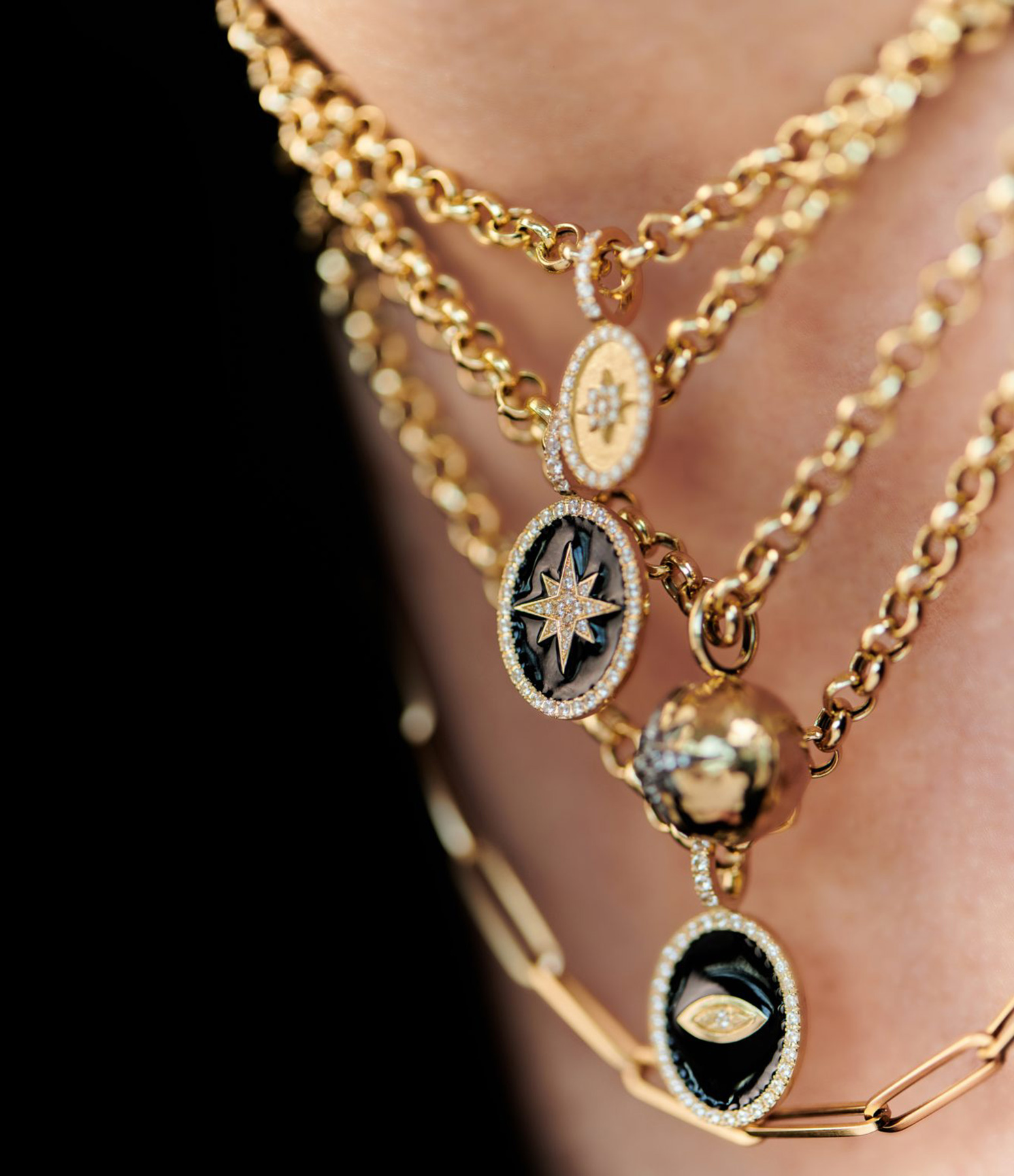 Constellation Pendant – Black Enamel and Sapphires – Yellow Gold