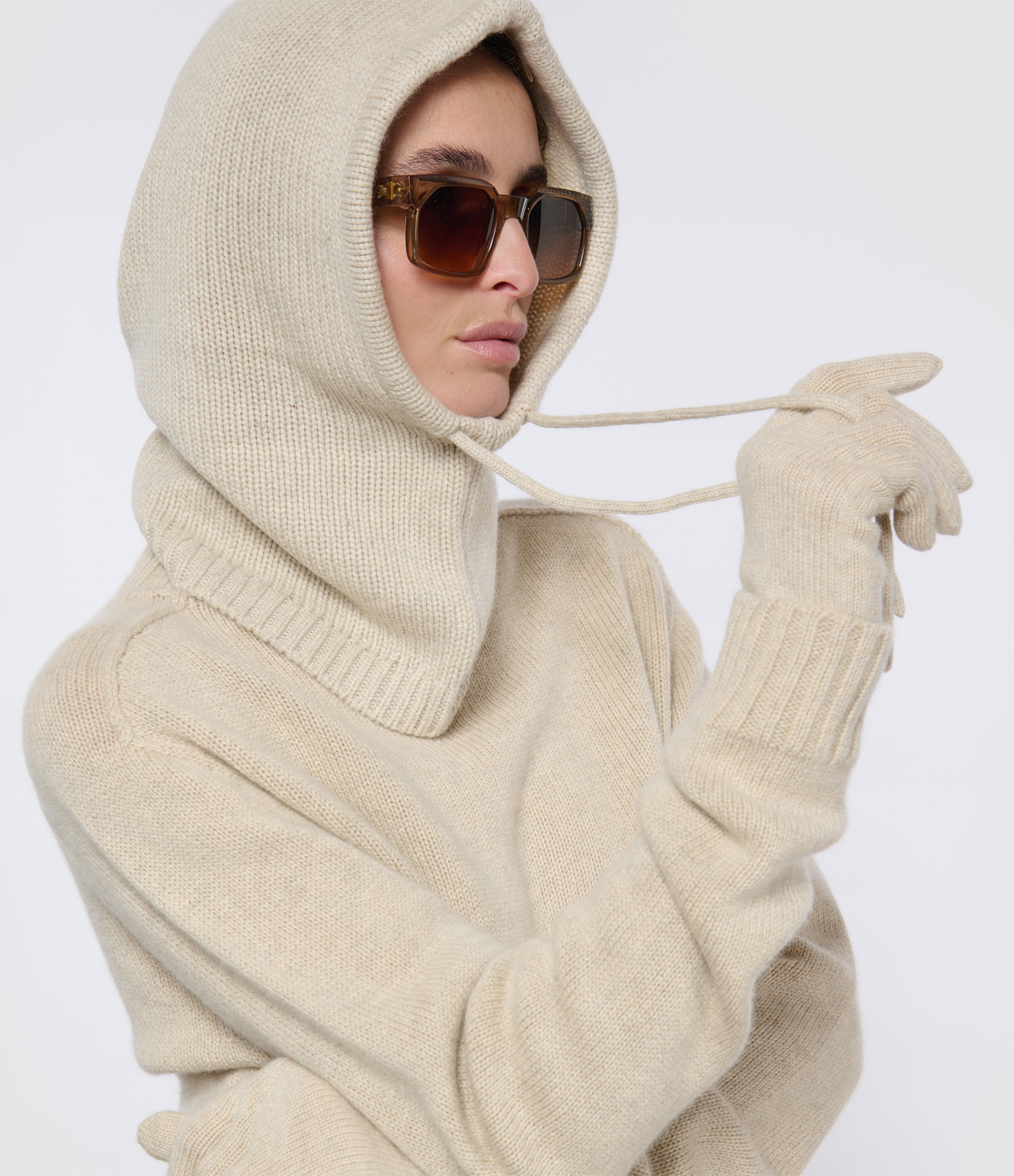Oat-Coloured Cashmere Drawstring Balaclava
