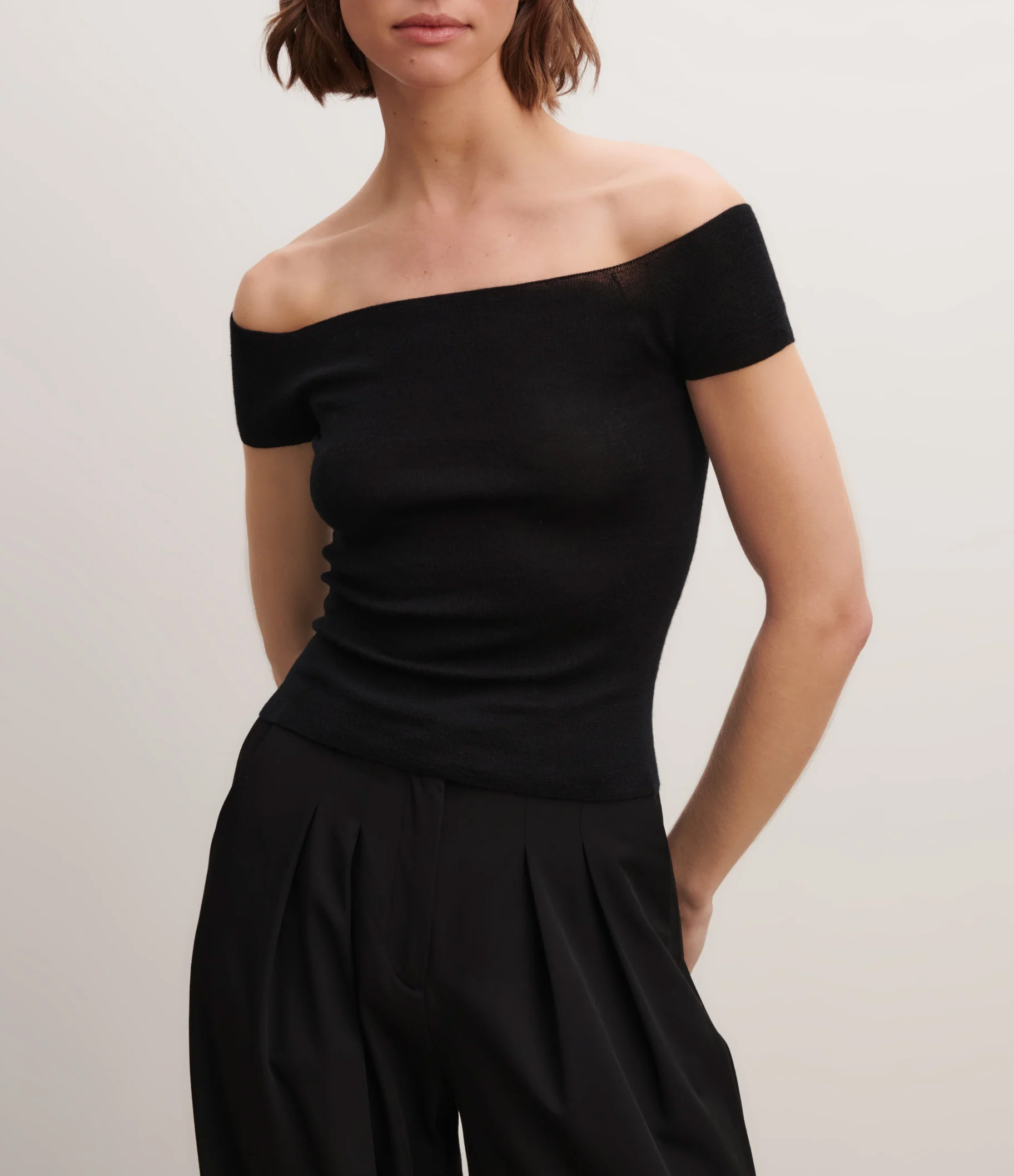 Black Bardot-neck Knit Top