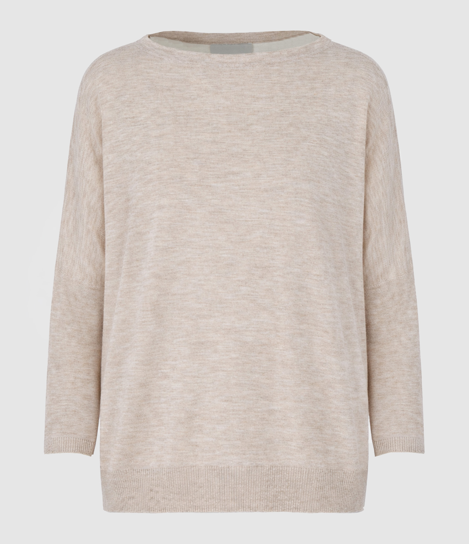Ultra-fine, oversized crew-neck, boat-neck jumper with 3/4-length sleeves in dove grey