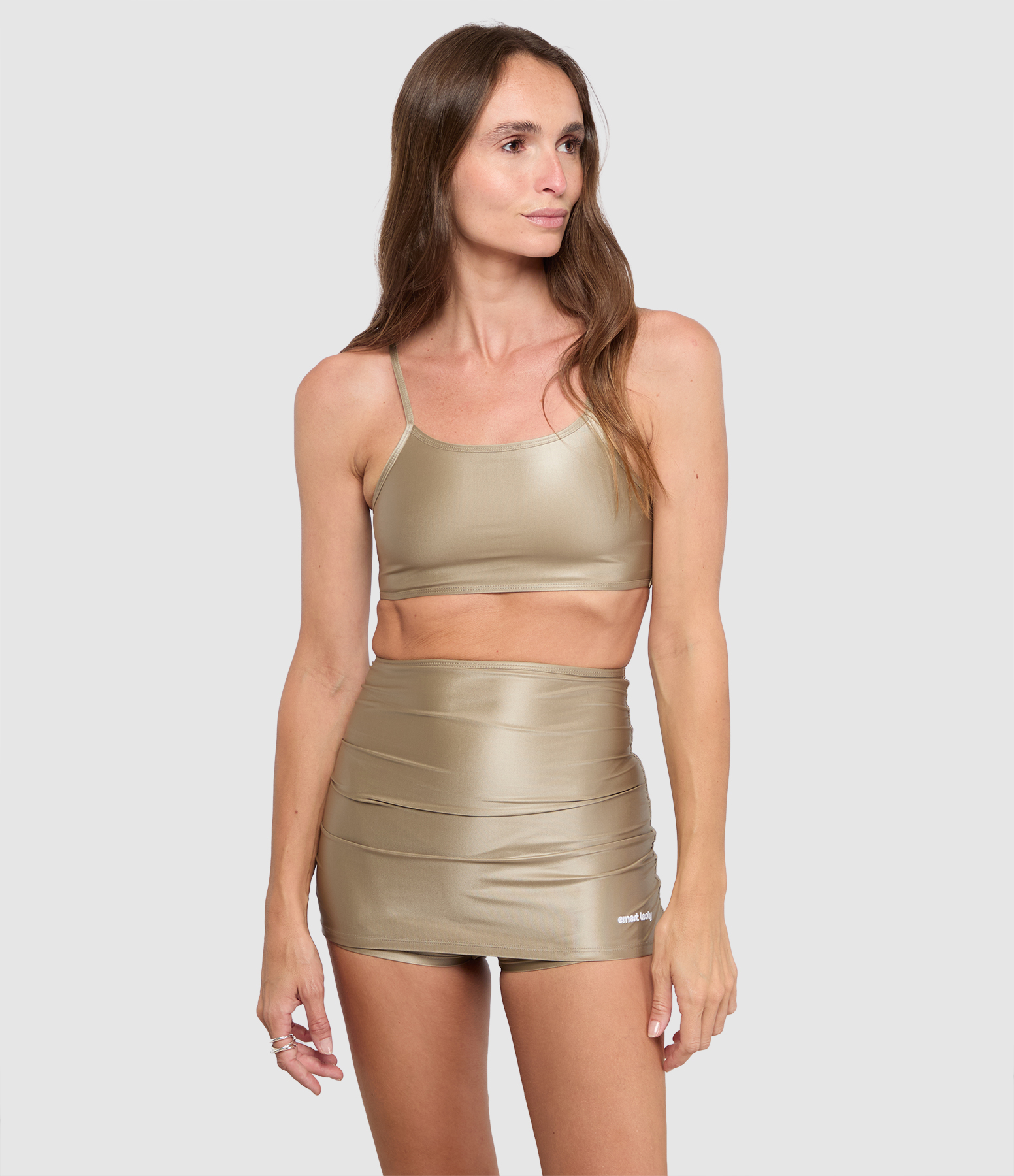 High-waisted Skirt-Style Swimsuit – Glowy Swimsuit, Beige