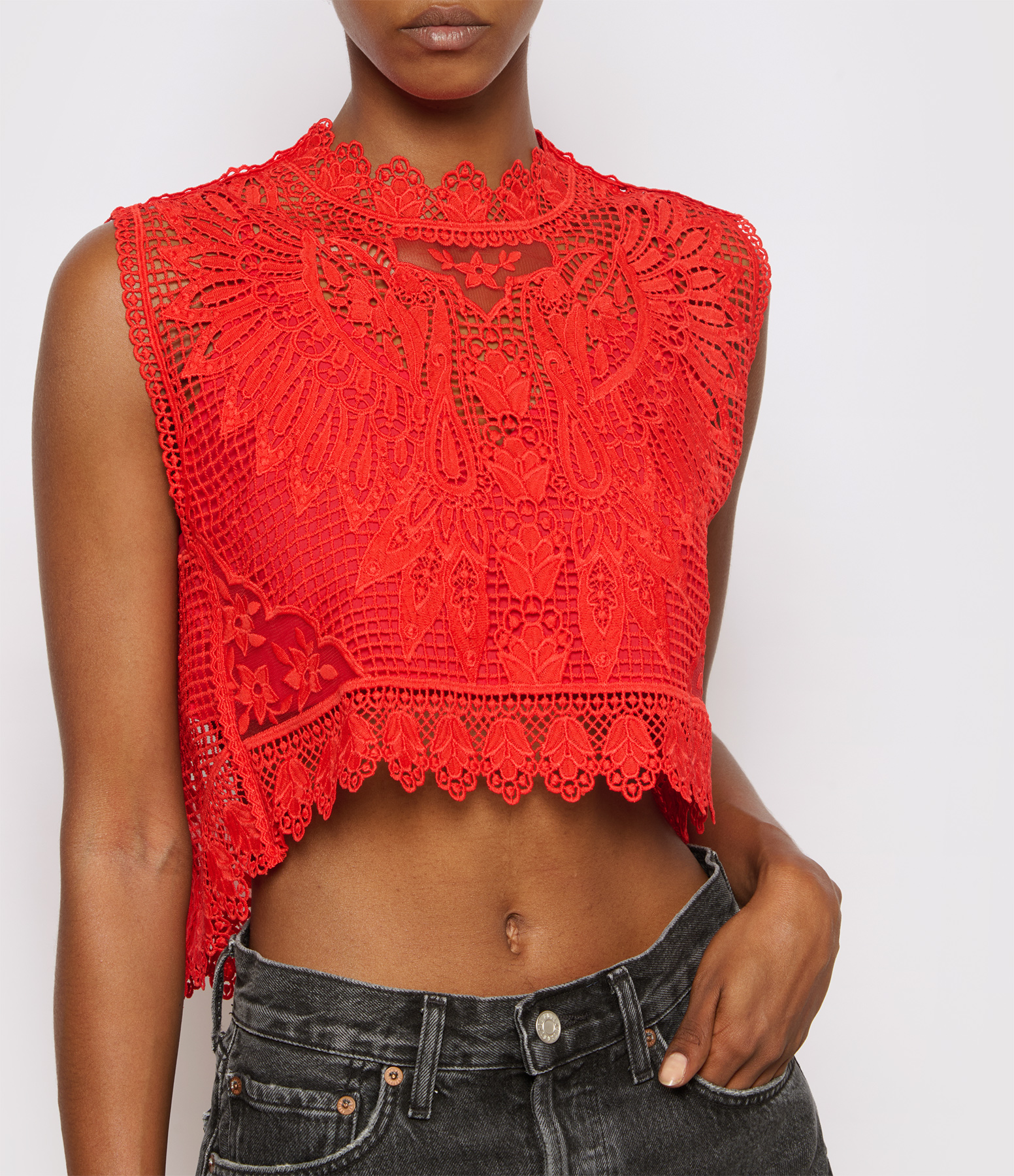 Red Toucan Guipure Top