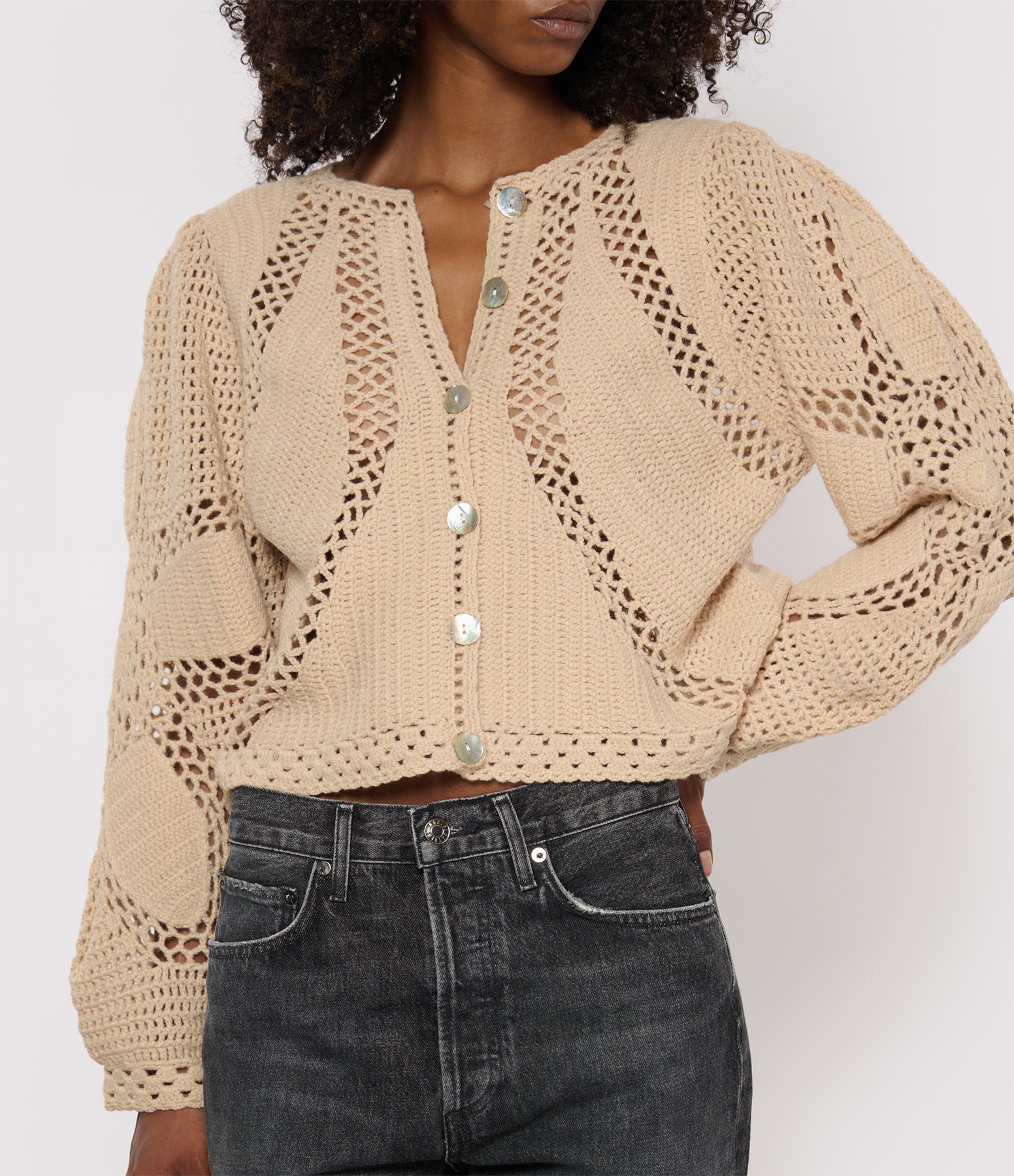 Beige Crochet Flower-Pattern Cardigan