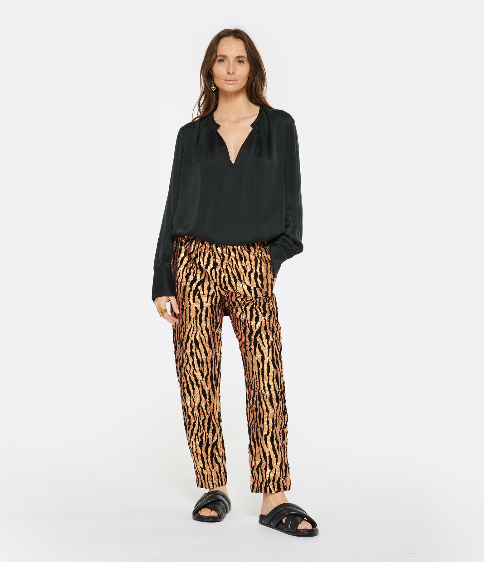 Brown Printed Lurex Trousers