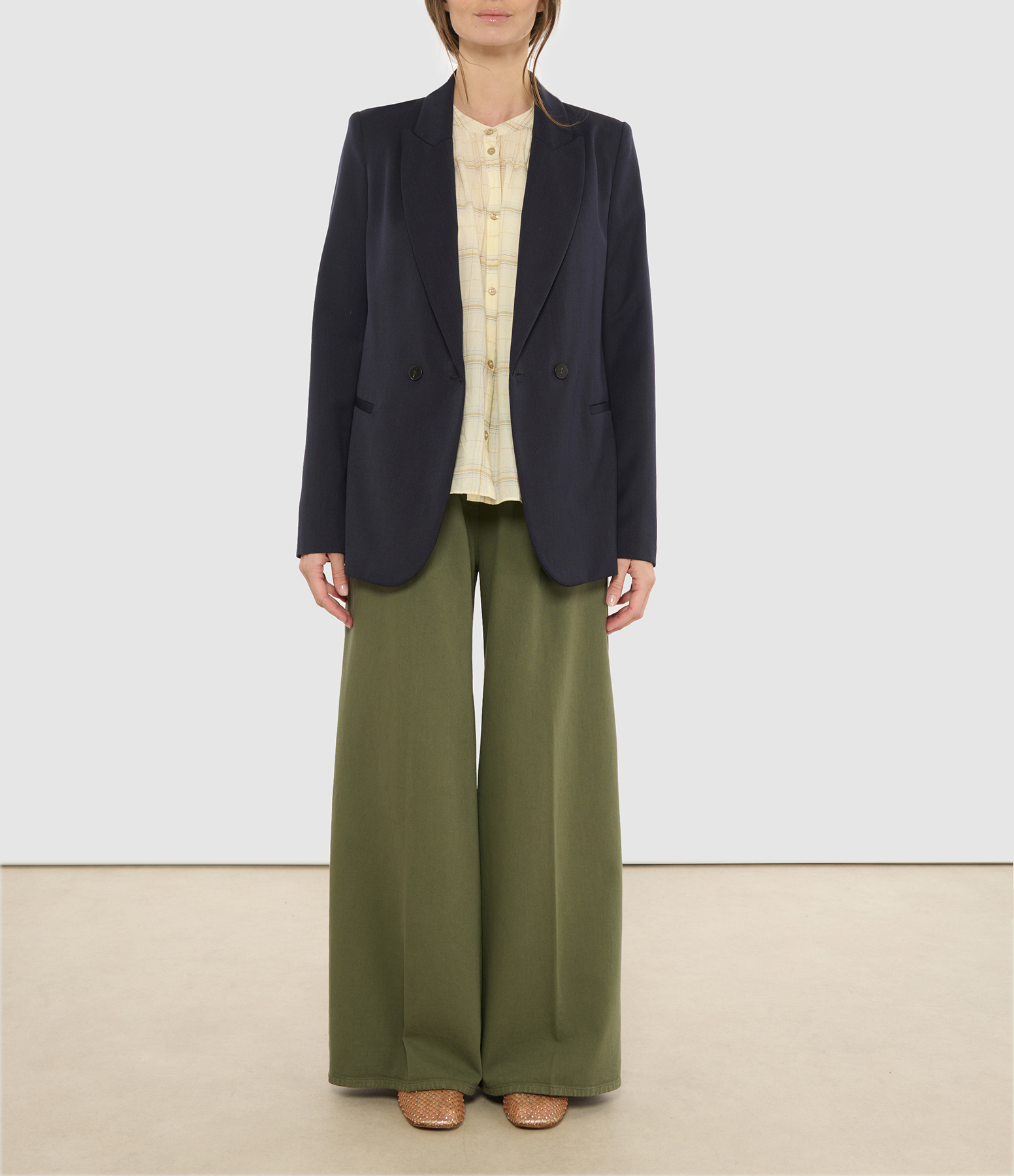 Khaki Fluid Cotton Twill Trousers with Elasticated Waist