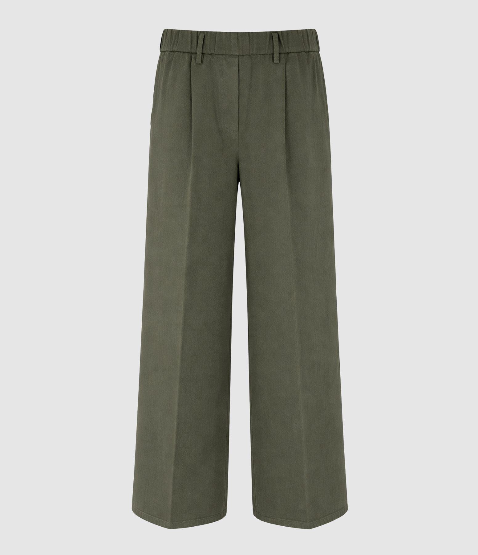 Khaki Fluid Cotton Twill Trousers with Elasticated Waist
