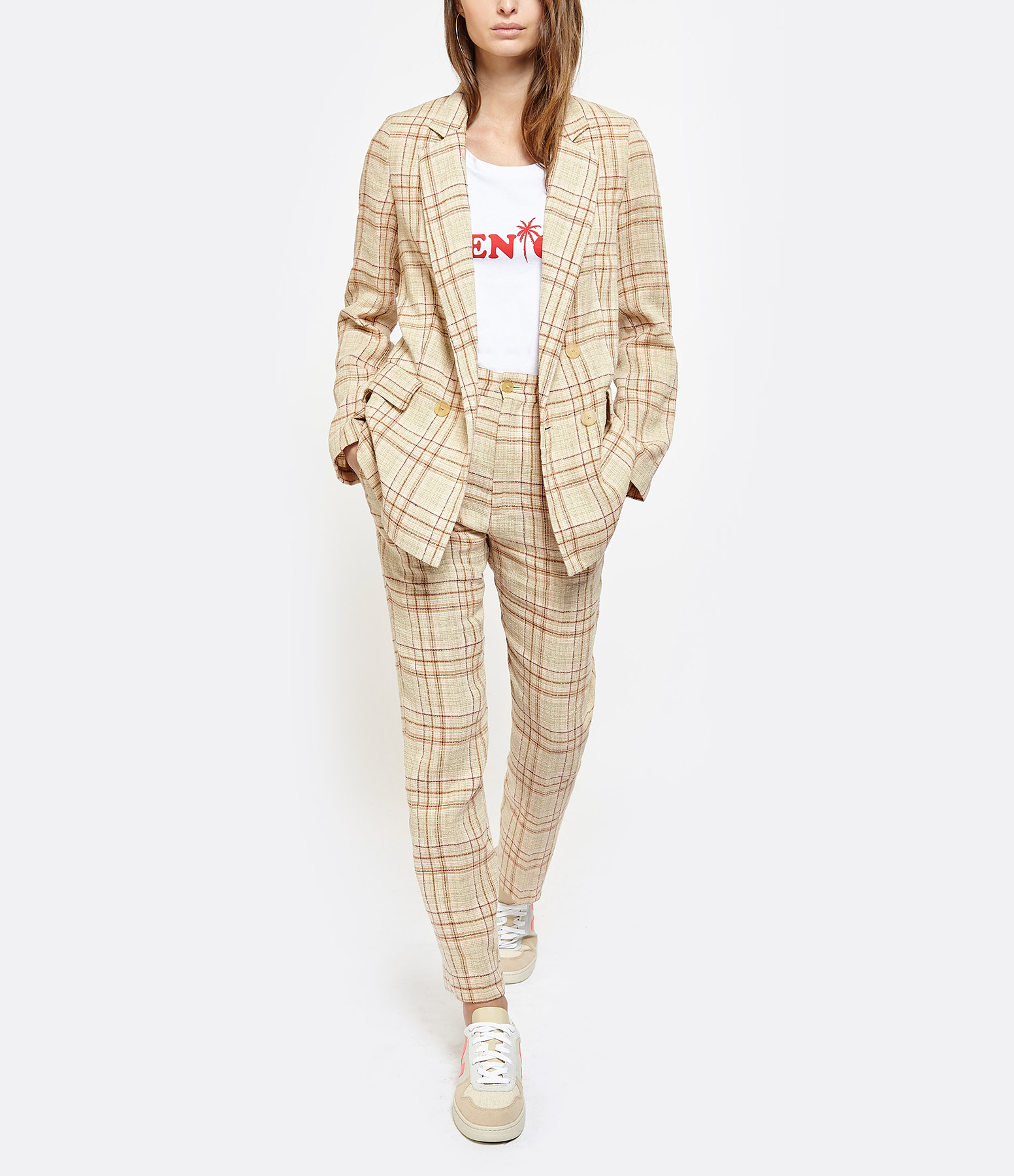 Powder Pink Linen Tartan Trousers