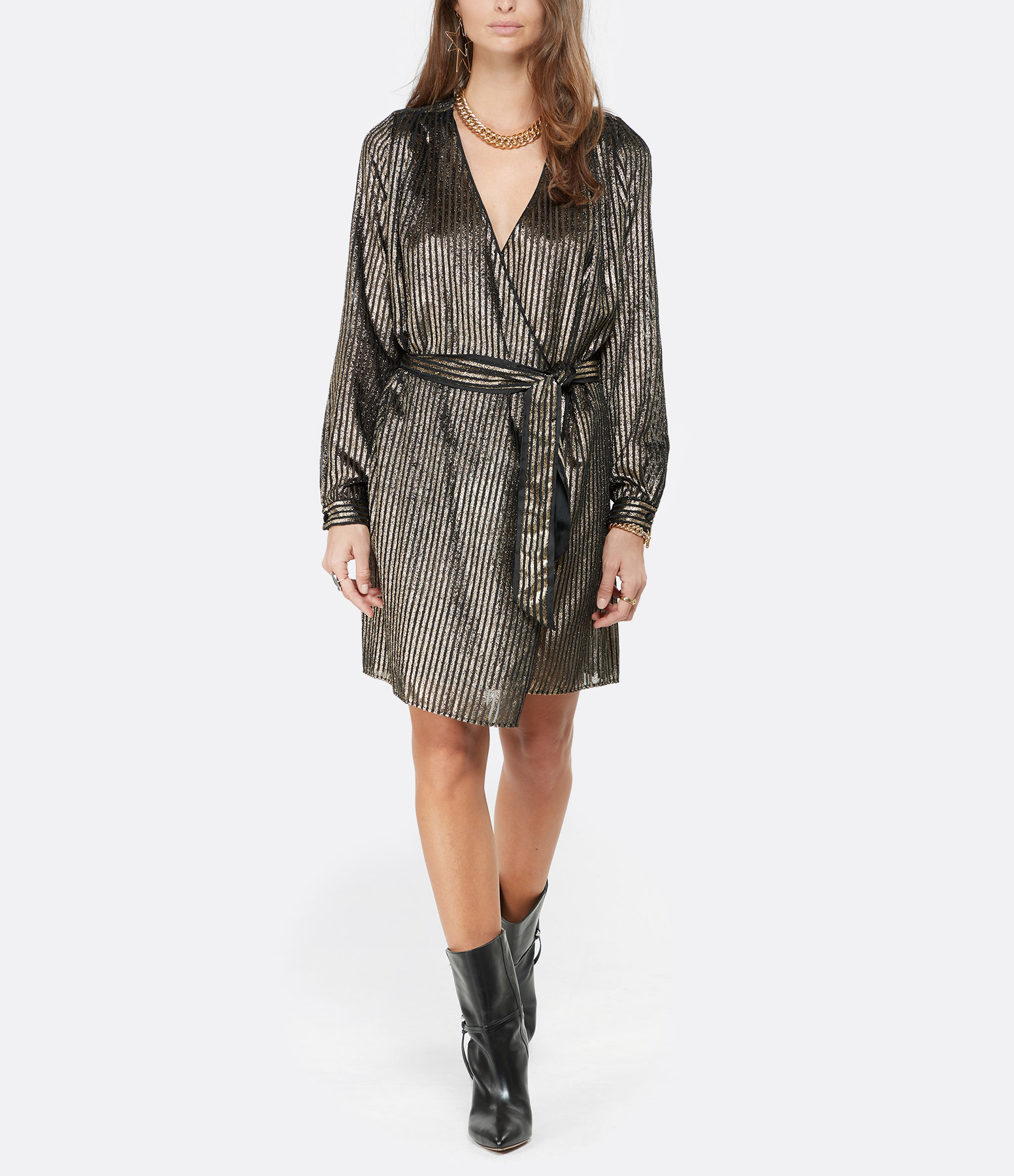 Black Laminated Belted Dress