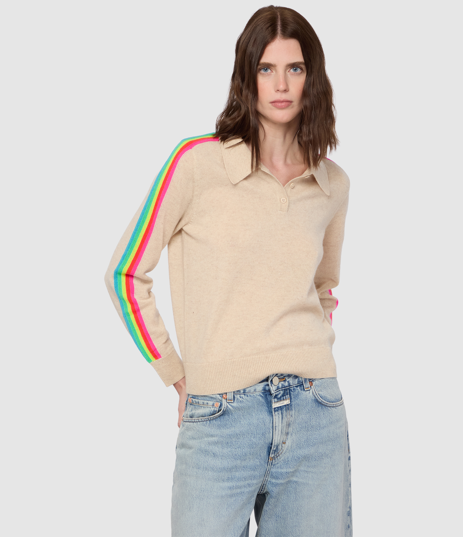 Pull Beige Col Polo Bandes Multicolores