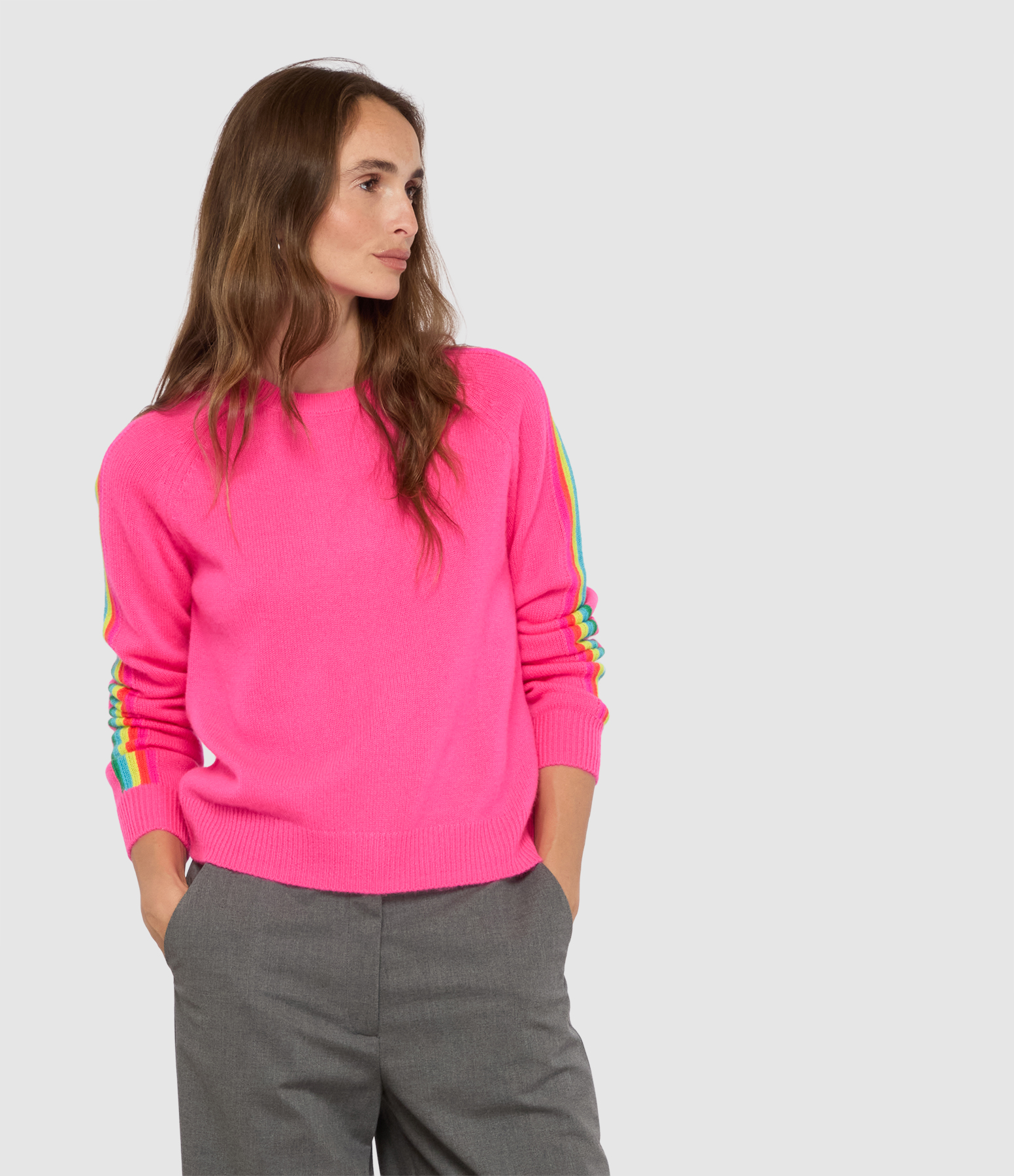 Tokyo Pink Round-Neck Jumper with Multicoloured Stripes