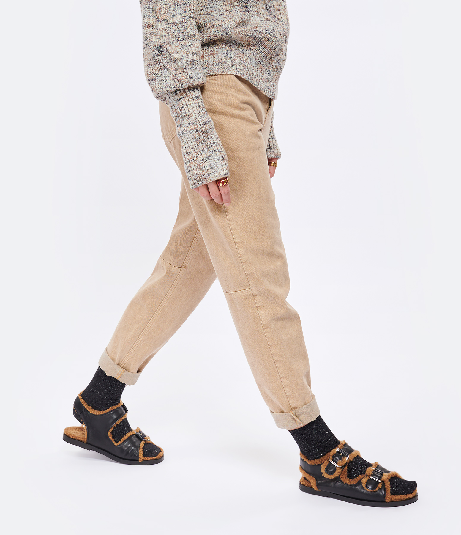 Meribel Sandals in Recycled Fur – Black and Camel