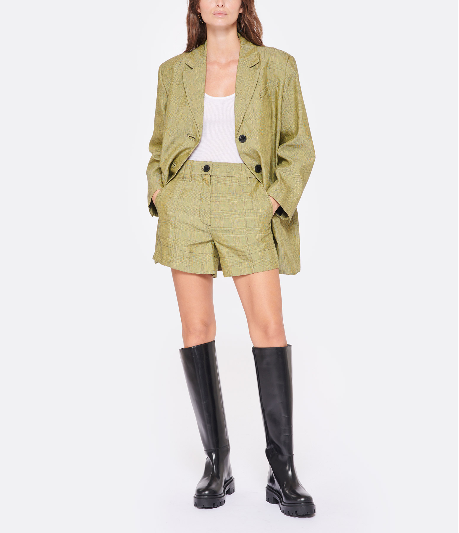Khaki Slub Check Shorts