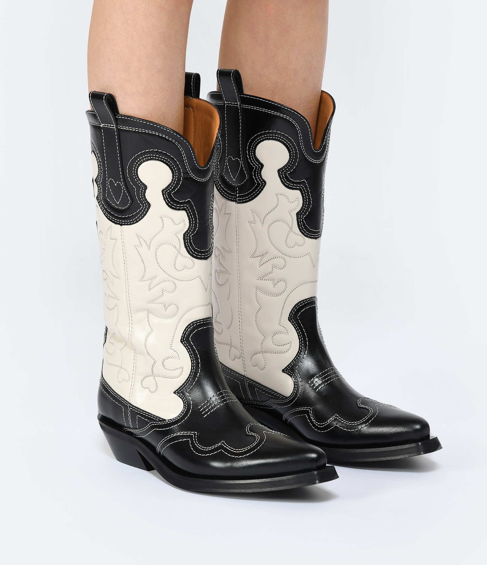 Black and Ecru Leather Cowboy Boots