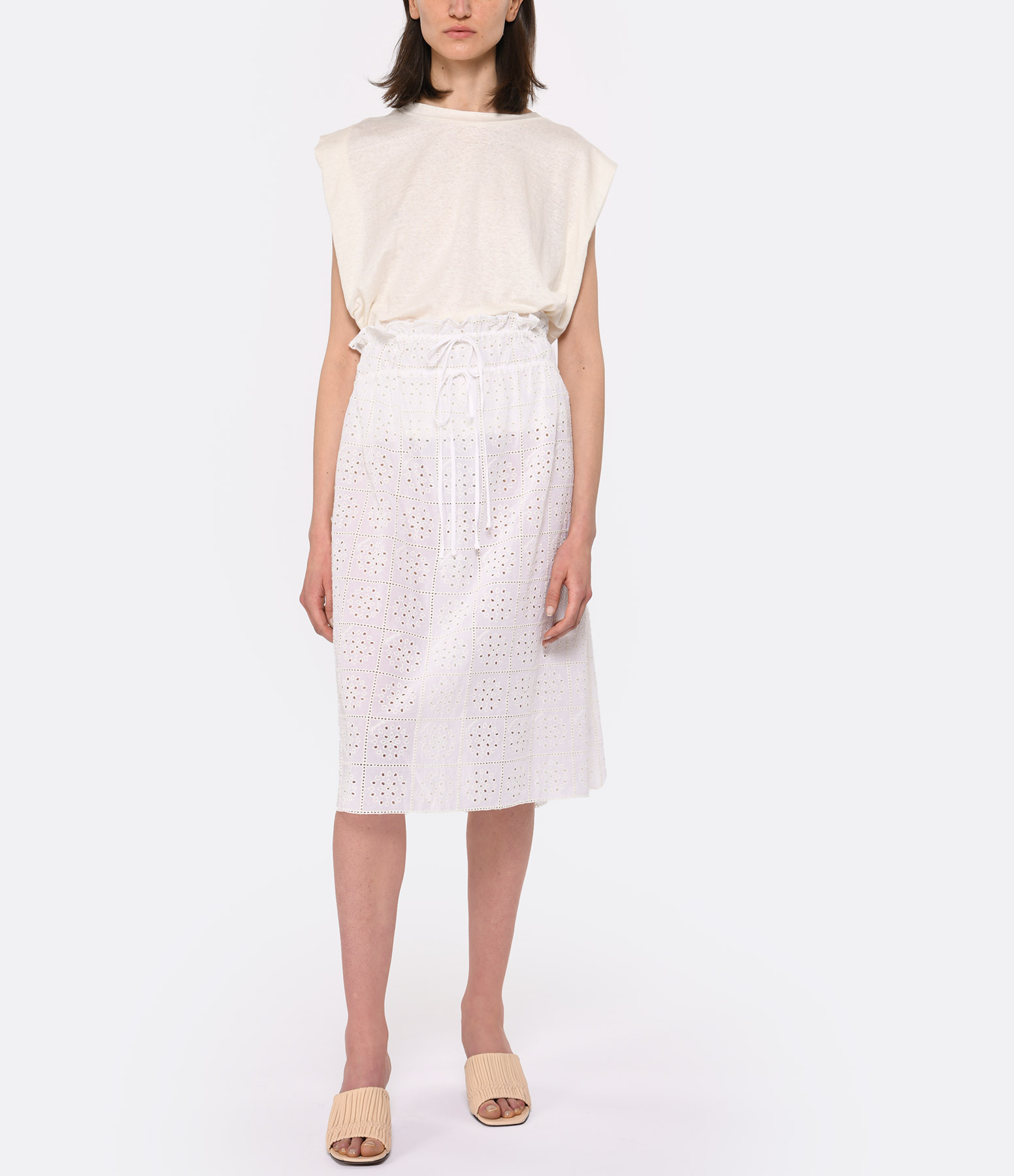 White Organic Cotton Midi Skirt with Broderie Anglaise