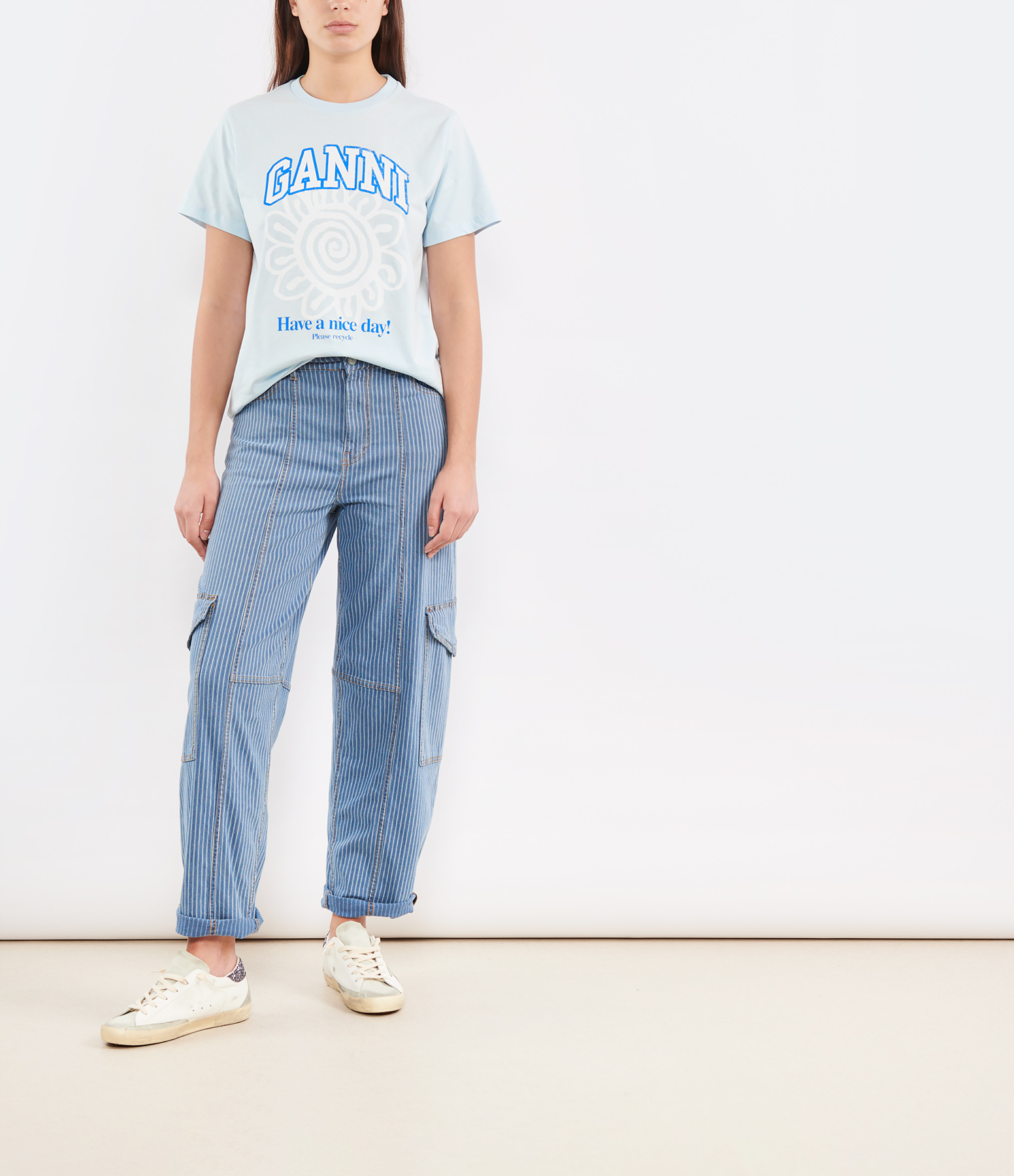 Blue Striped Denim Cargo Trousers