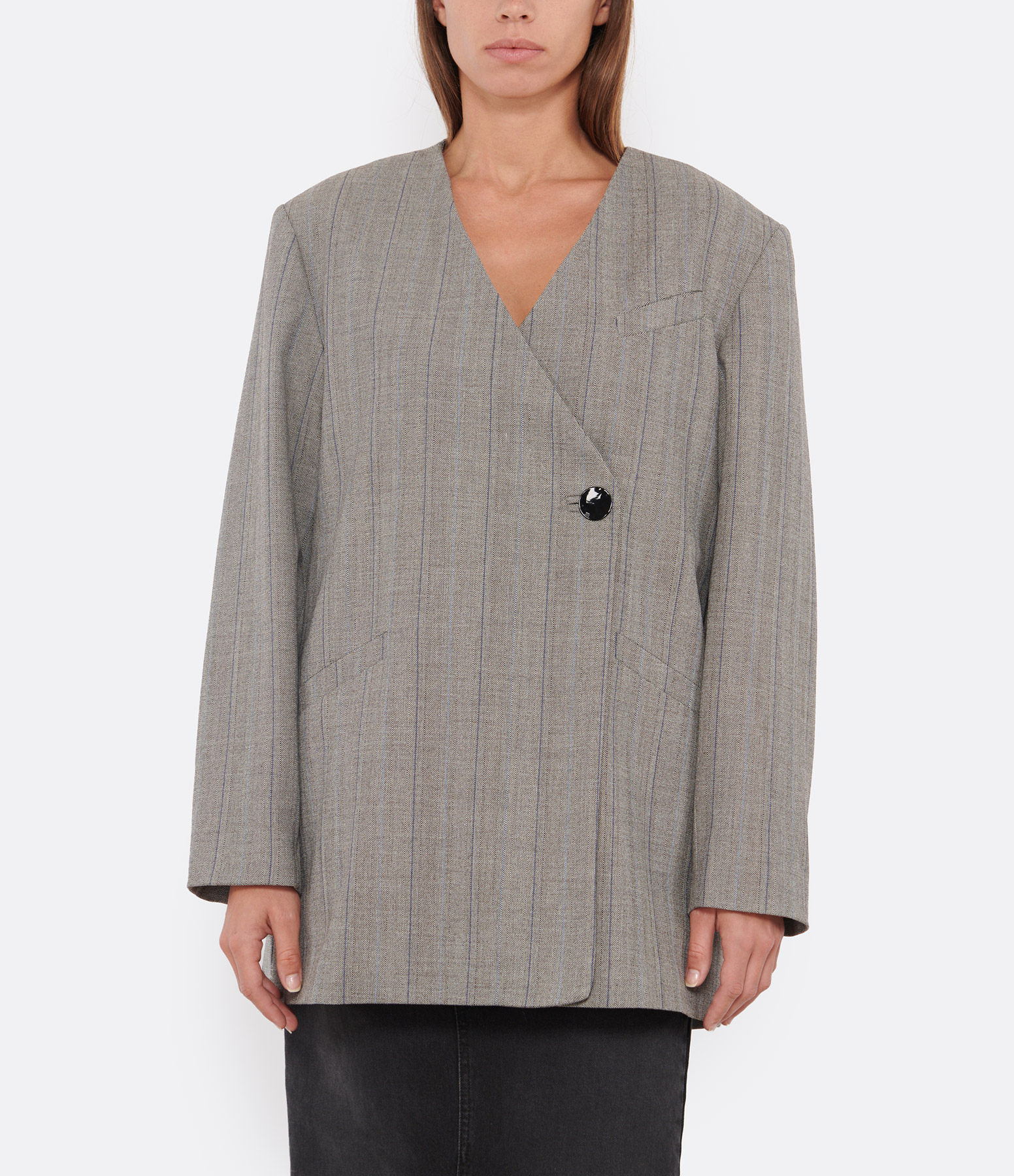 Boxy Herringbone Suiting Blazer in Frost Grey
