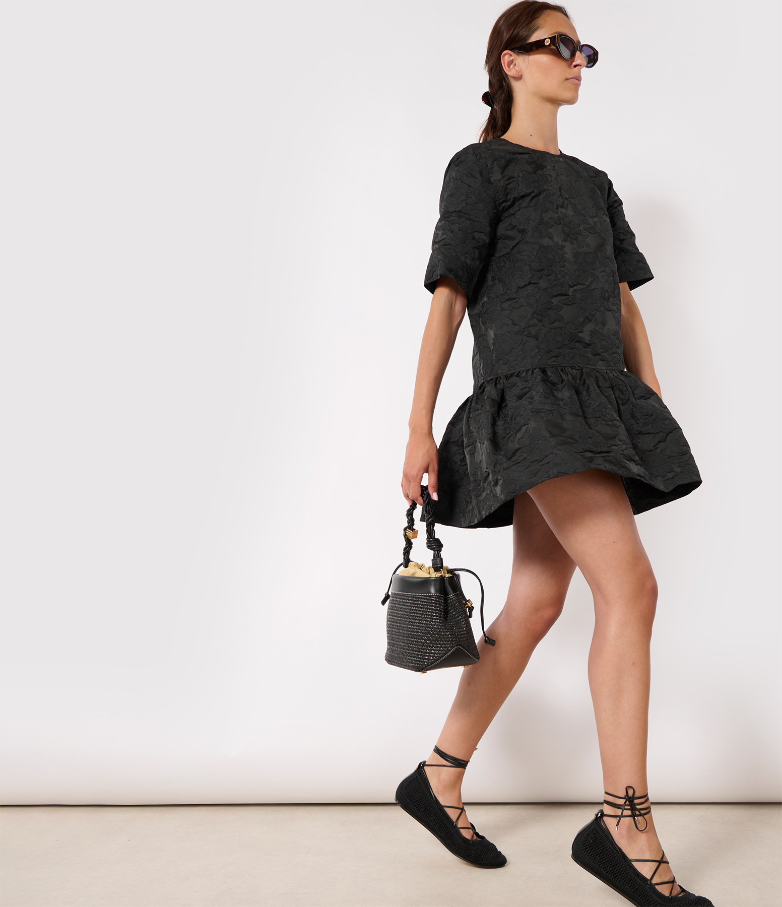 Botanical Jacquard Short Dress with Open Back – Black