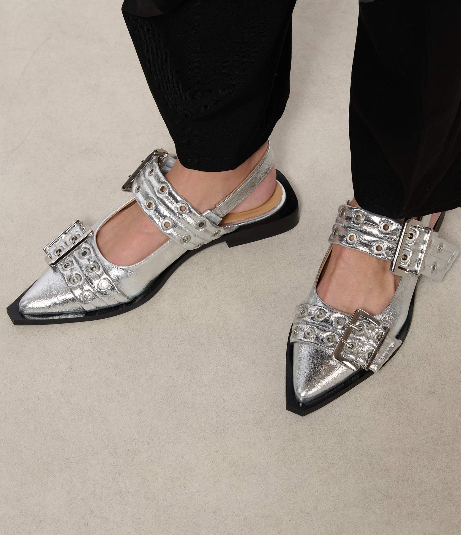 Women’s Metallic Silver Buckle Ballet Flats