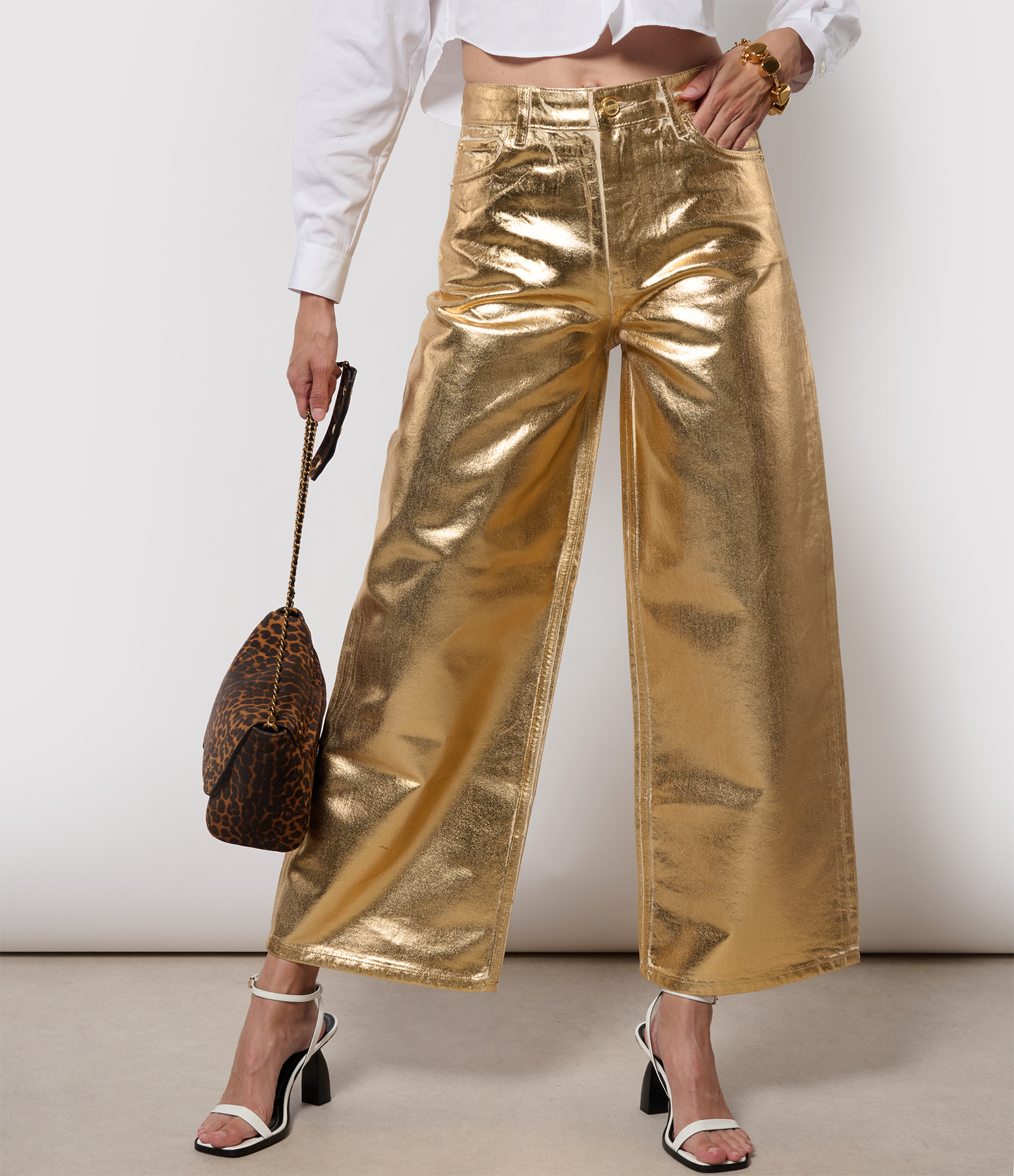 Egret Wide-Leg Foil Denim Trousers