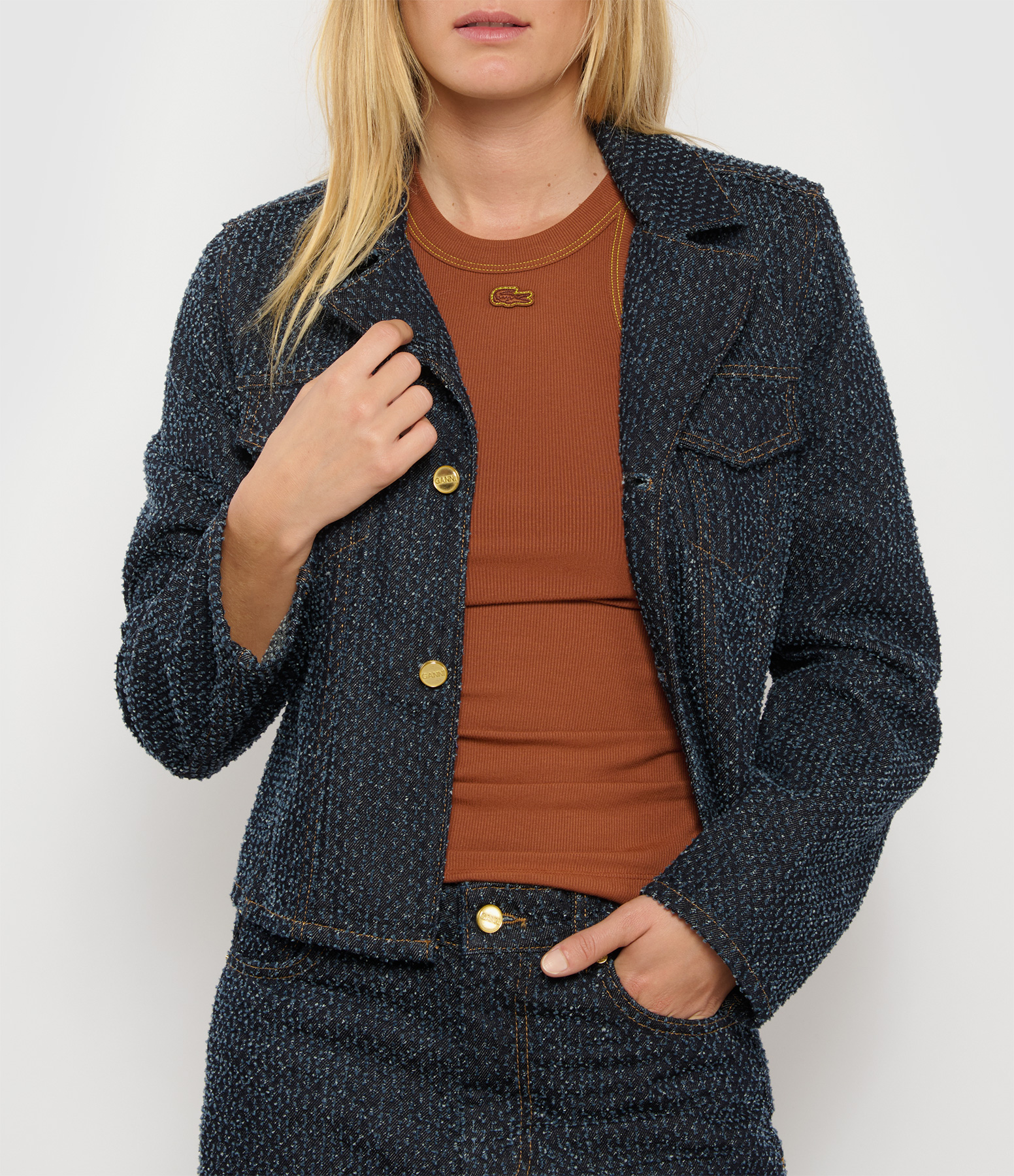 Fitted Fluffy Denim Blazer in Rinse