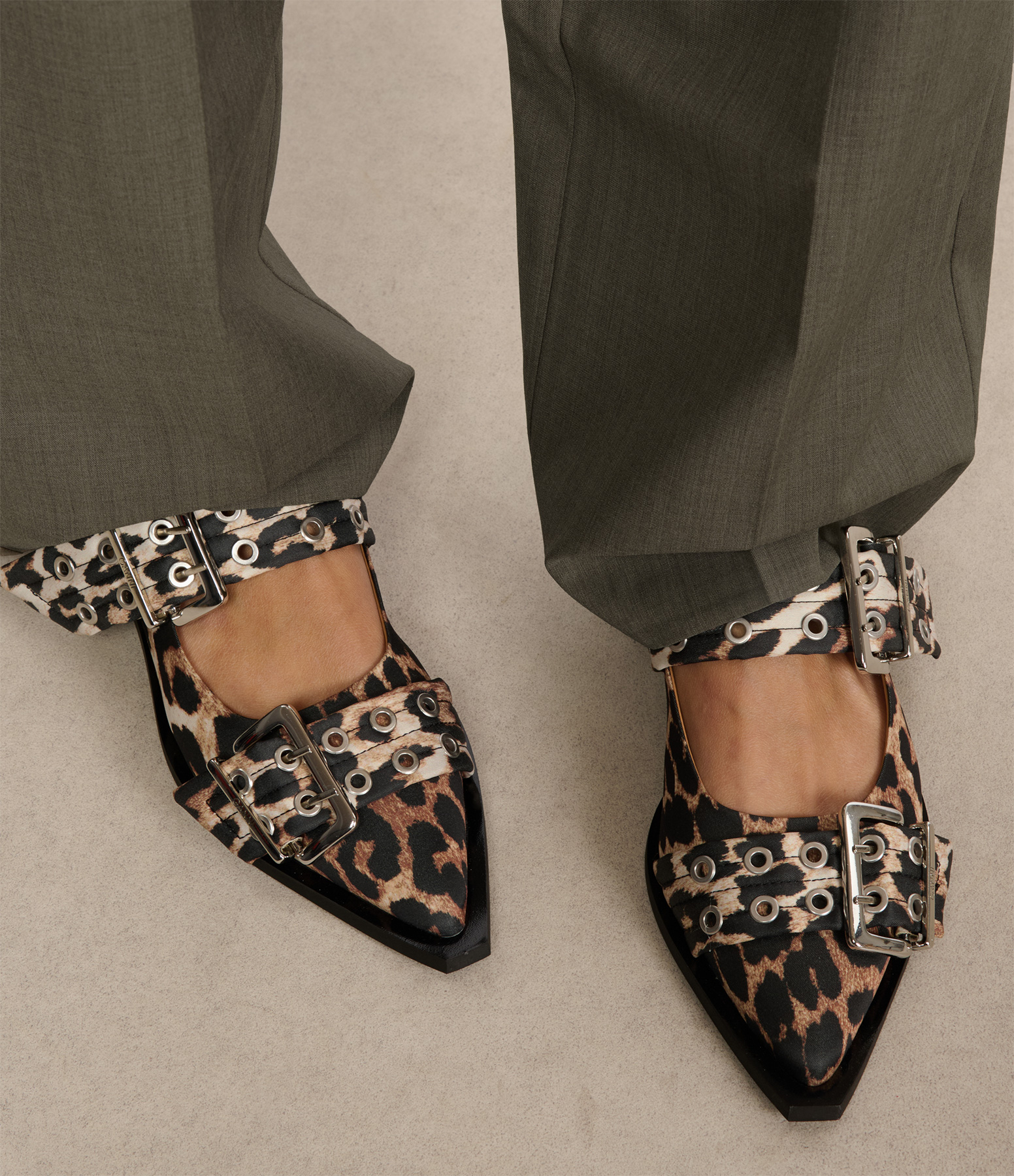 Women’s Satin Leopard-Print Buckle Ballet Flats