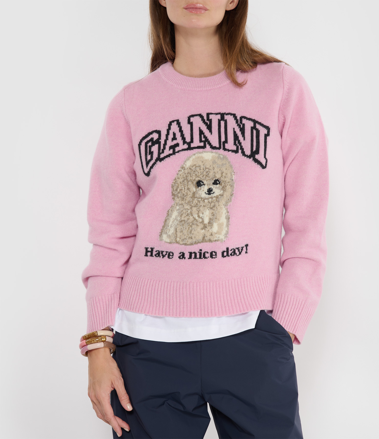 Graphic Wool-Blend Poodle Crewneck Jumper in Chalk Pink