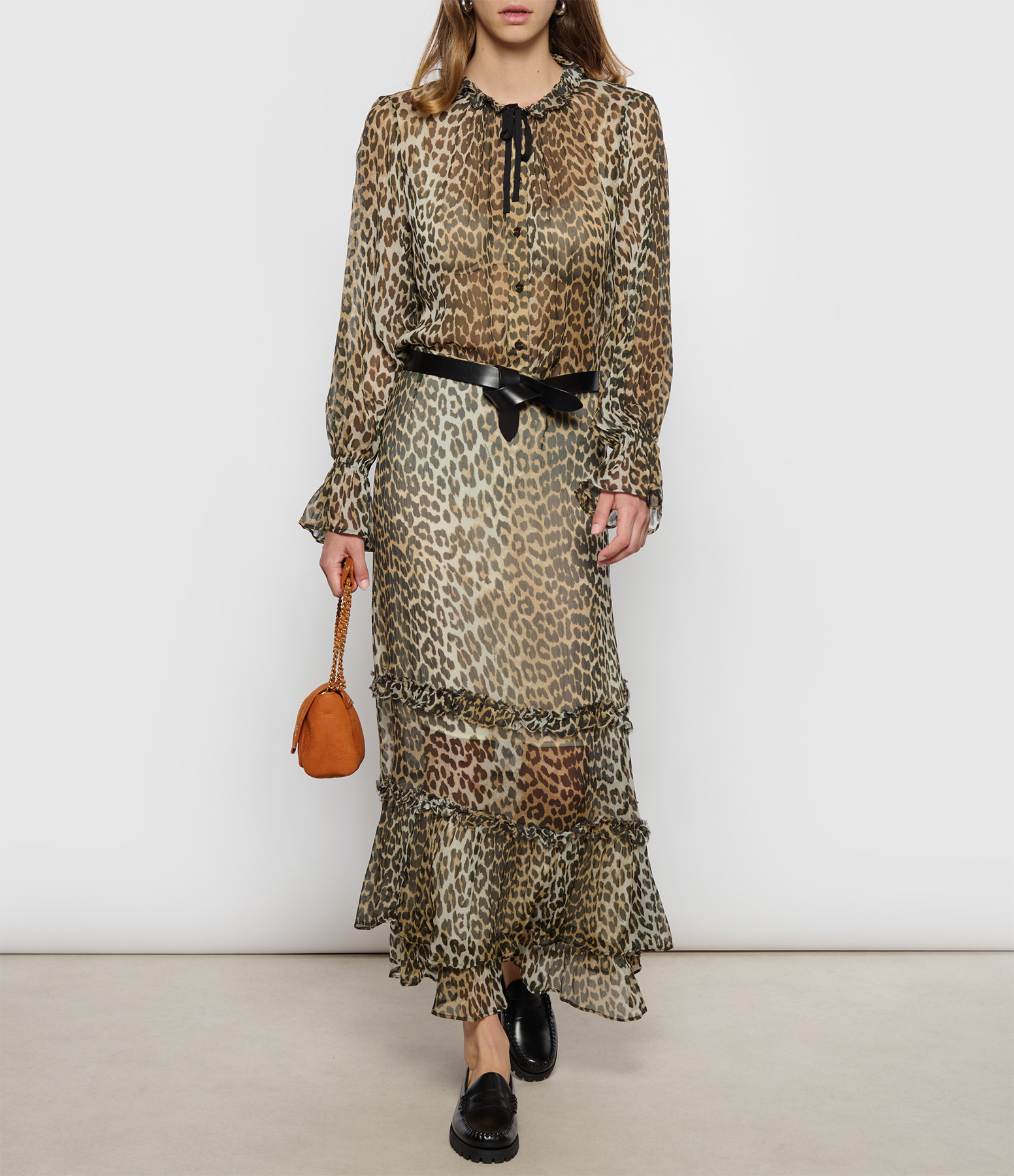 Long Ruffle Leopard-Print Viscose Chiffon Skirt