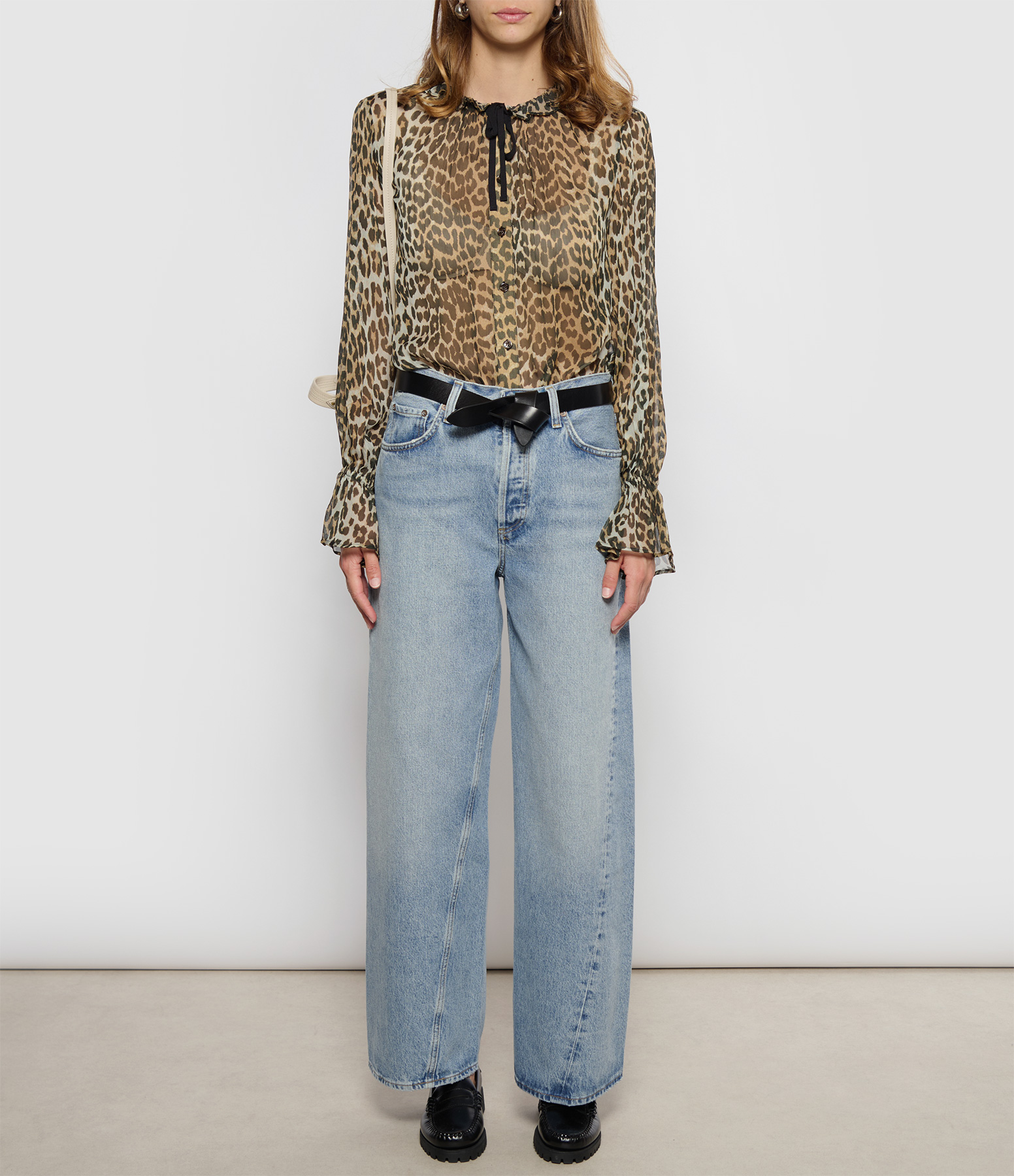 Printed Viscose Chiffon Shirt with Leopard-Print Tie Strings