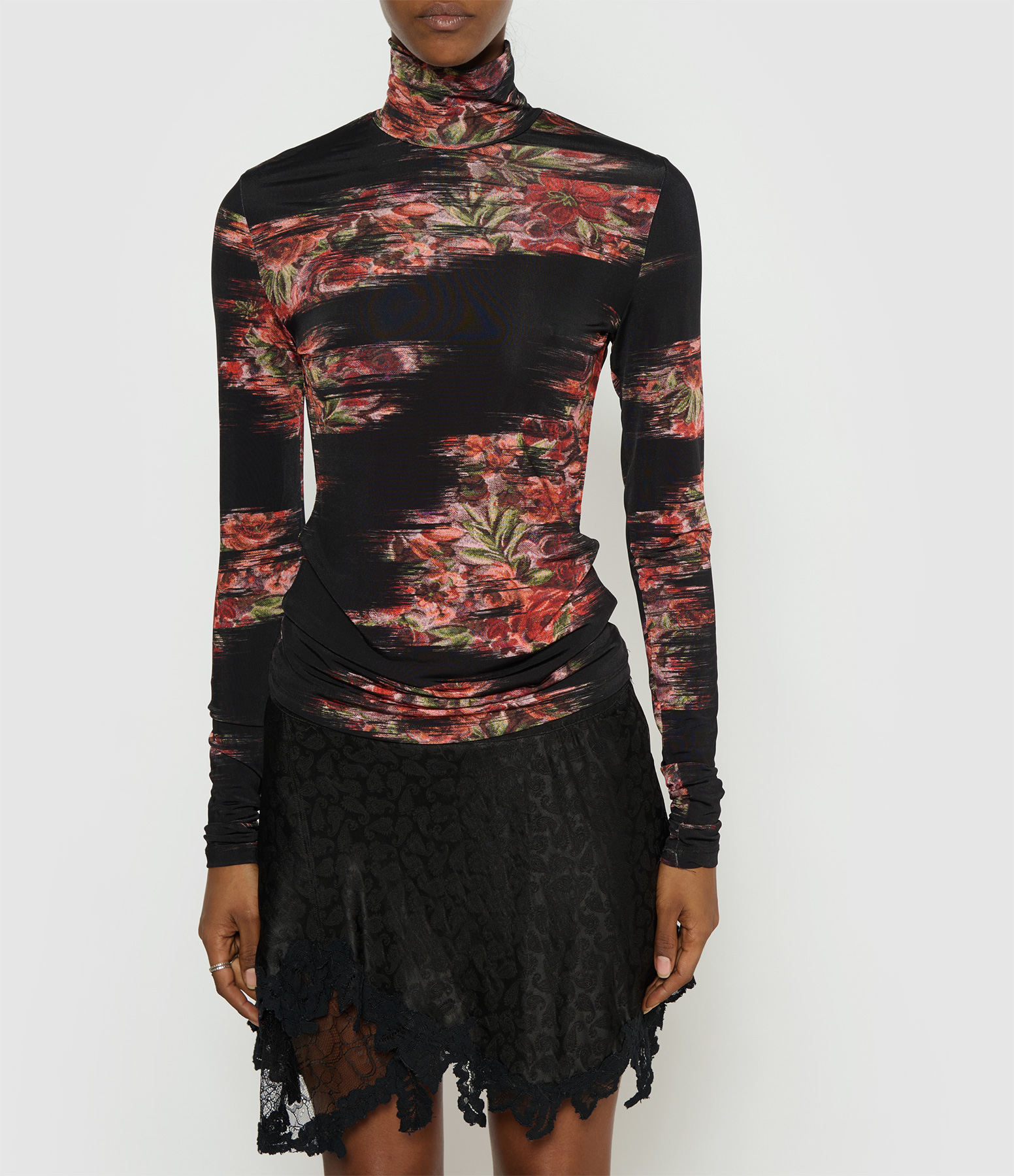 Black Printed Shiny Jersey Turtleneck Top