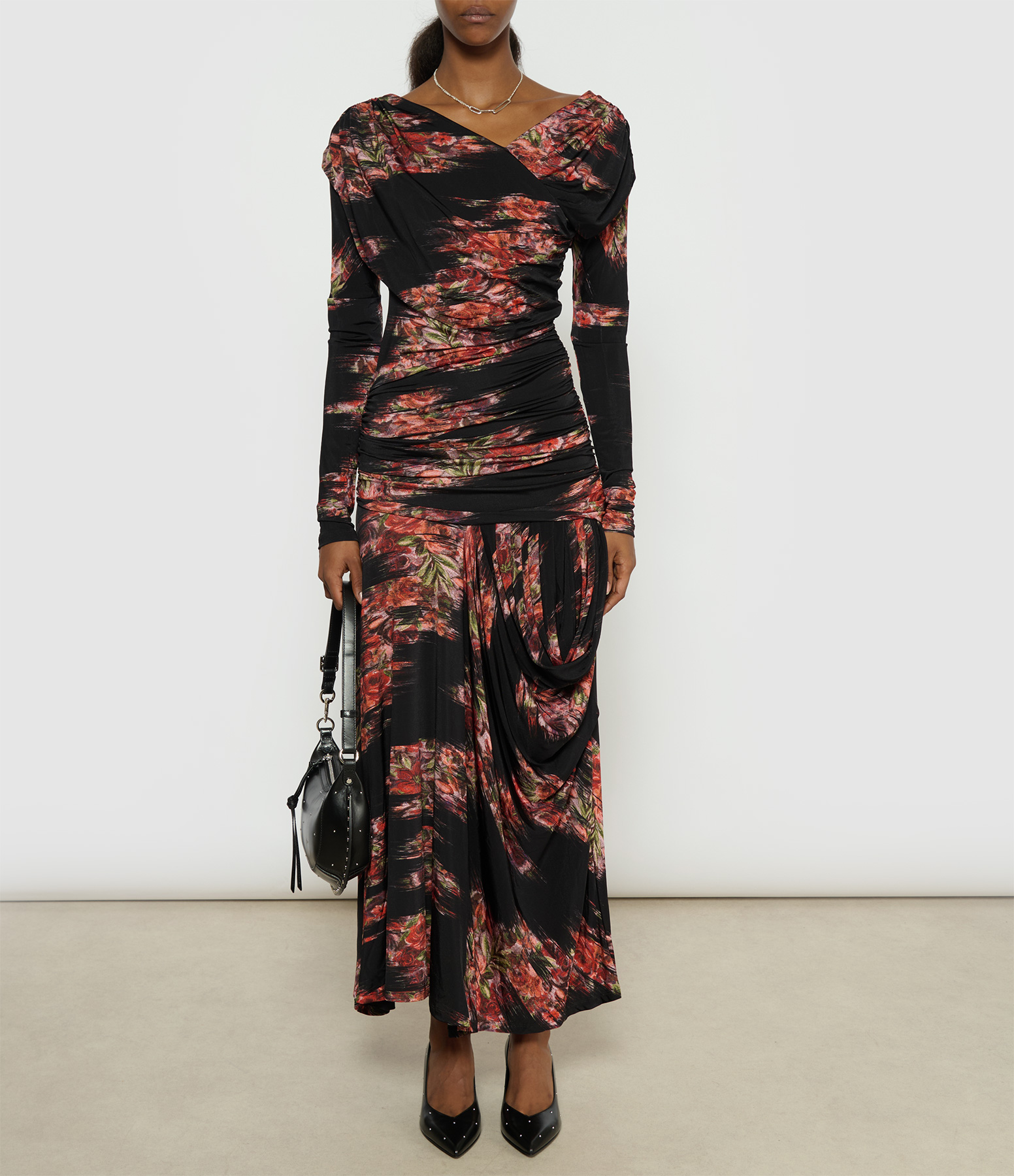 Long Printed Shiny Jersey Ruched Black Dress