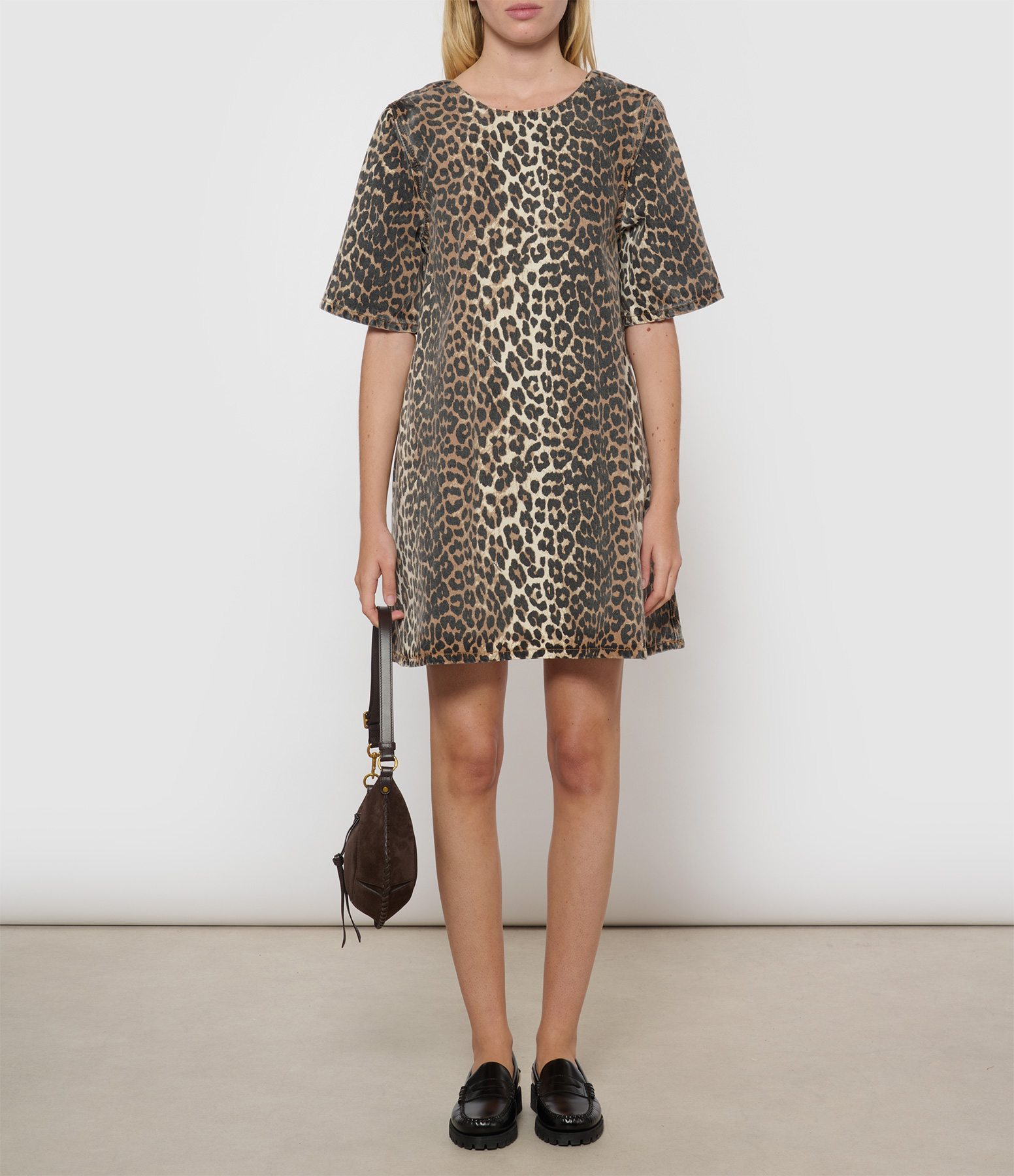 Short Denim-Print Leopard Open-Back Dress