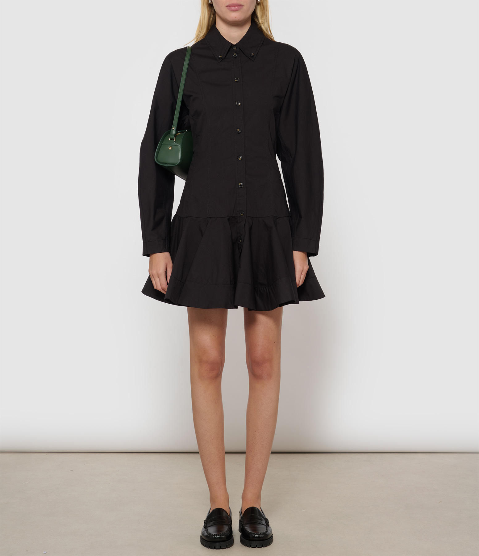 Black Short Stretch Cotton Button-Up Dress