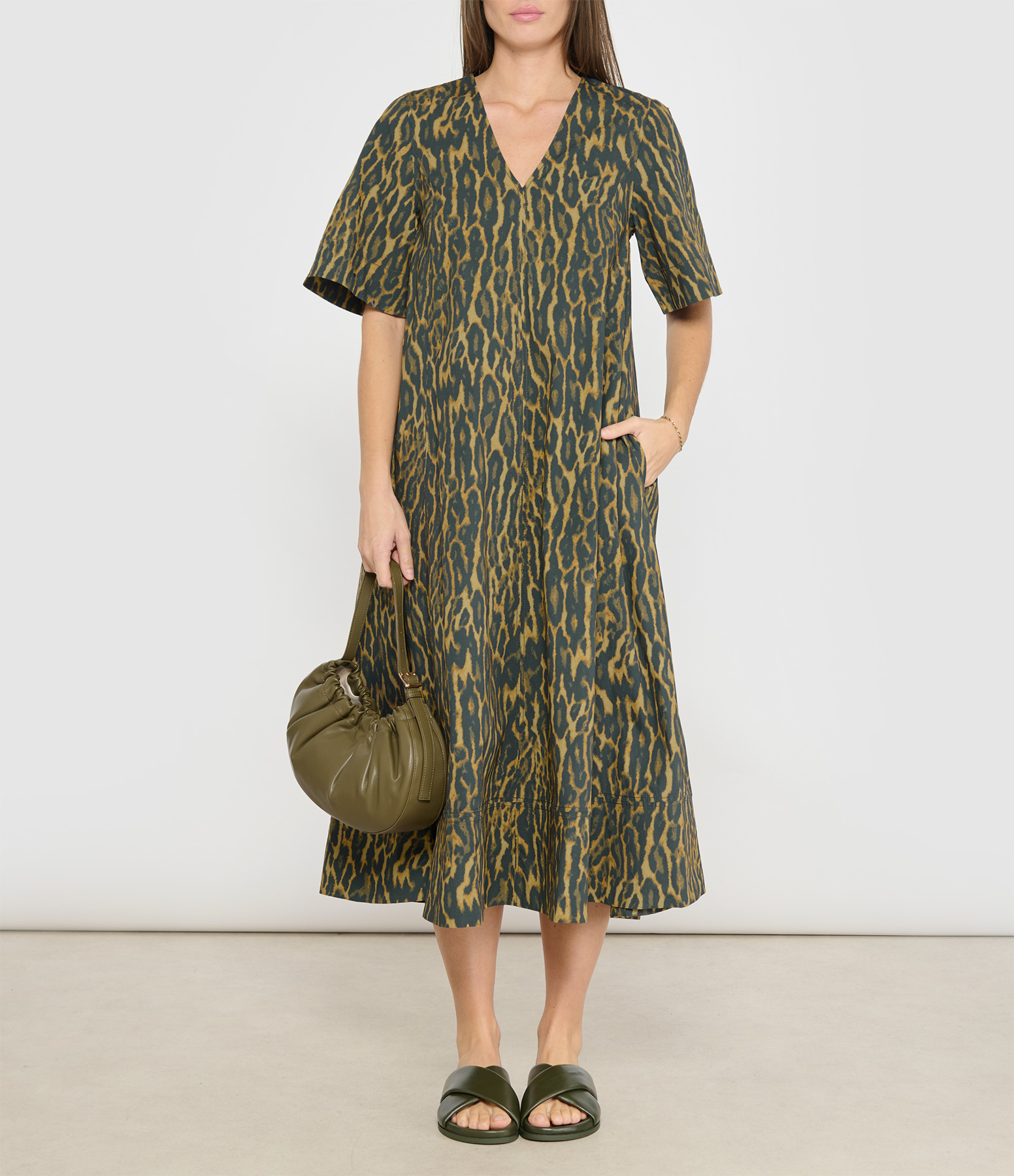 Khaki Printed Stretch Cotton A-line Dress