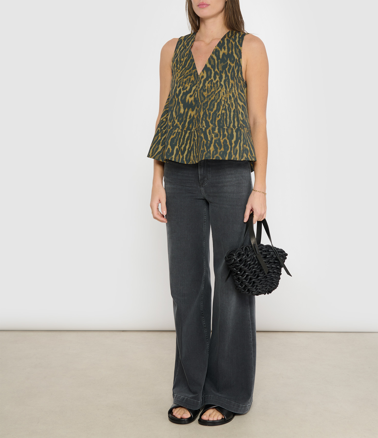 Top in Printed Stretch Cotton, A-line, Khaki