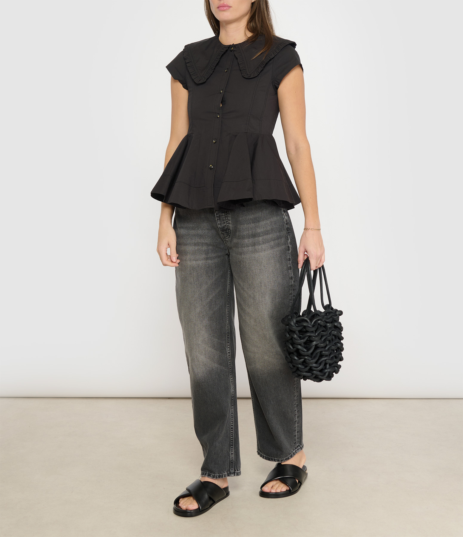 Black Stretch Cotton Peter Pan Collar Shirt