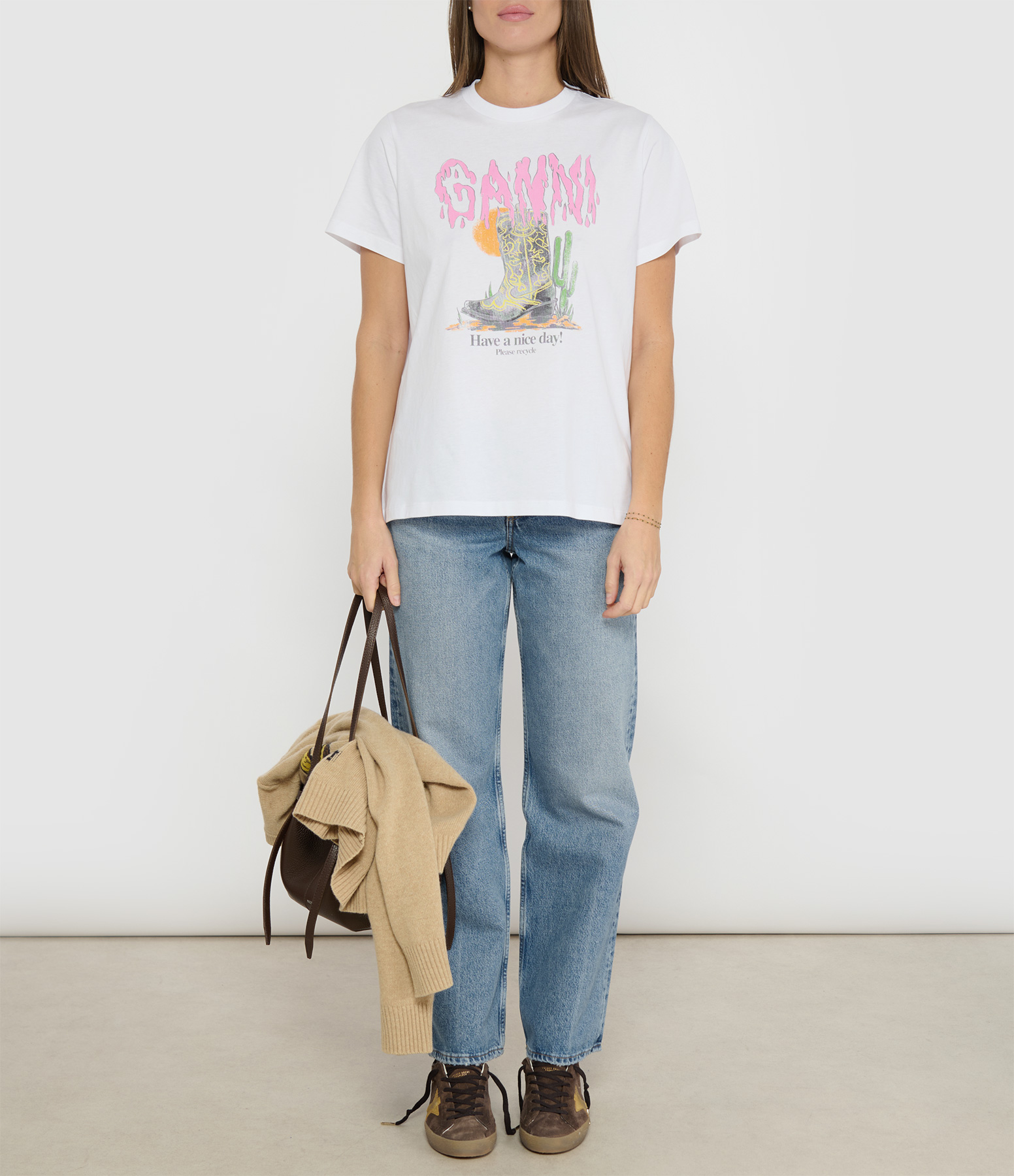 Basic Cotton Jersey T-shirt with Boots Print, Bright White