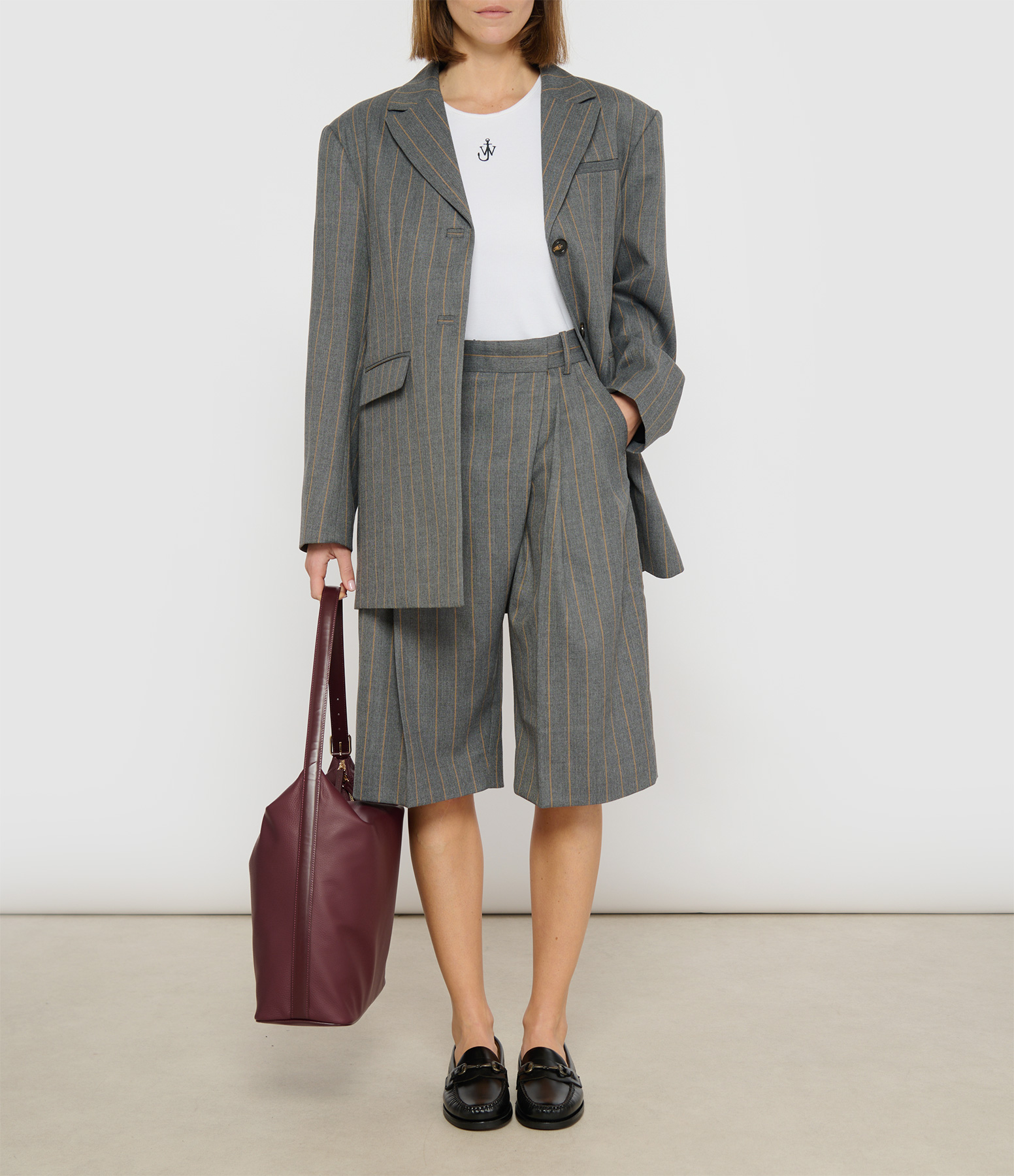 Wool Stripe Wrap Shorts in Pewter Melange